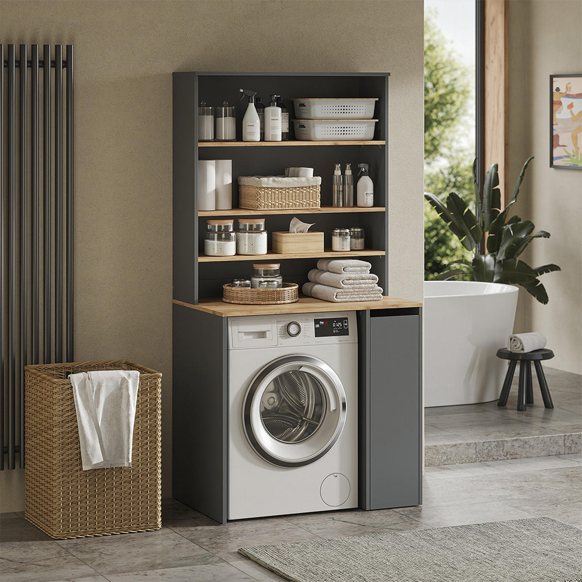 WASCHMASCHINENSCHRANK Viktor, Anthrazit/Goldkraft Eiche, 93.6 x 88.2 cm 2 Teile mit Rollregal - Honigeiche/Anthrazit, Holzwerkstoff (93.6/88.2/60cm) - Vicco