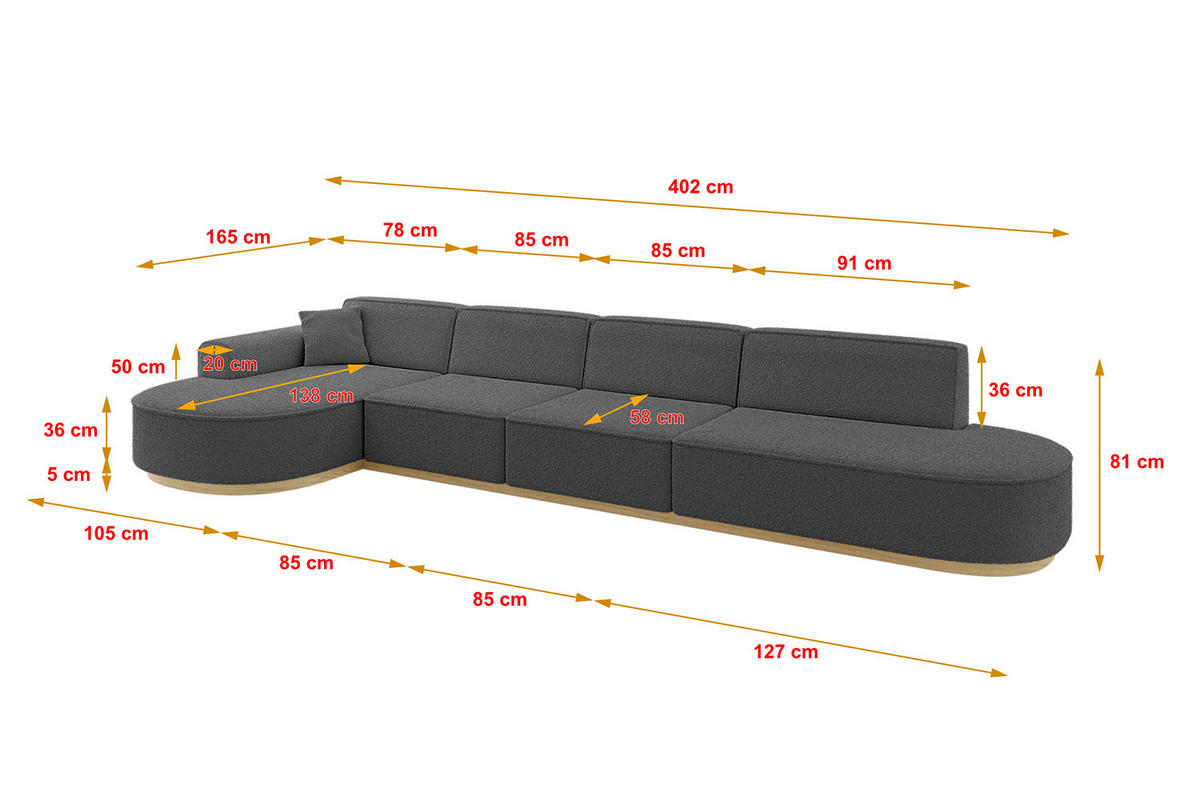 ECKSOFA Ottomane Links MARI-L3-v2 - 413x171x83 cm Grau Bouclé - Grau, Holzwerkstoff/Textil (413/171cm) - ALTDECOR