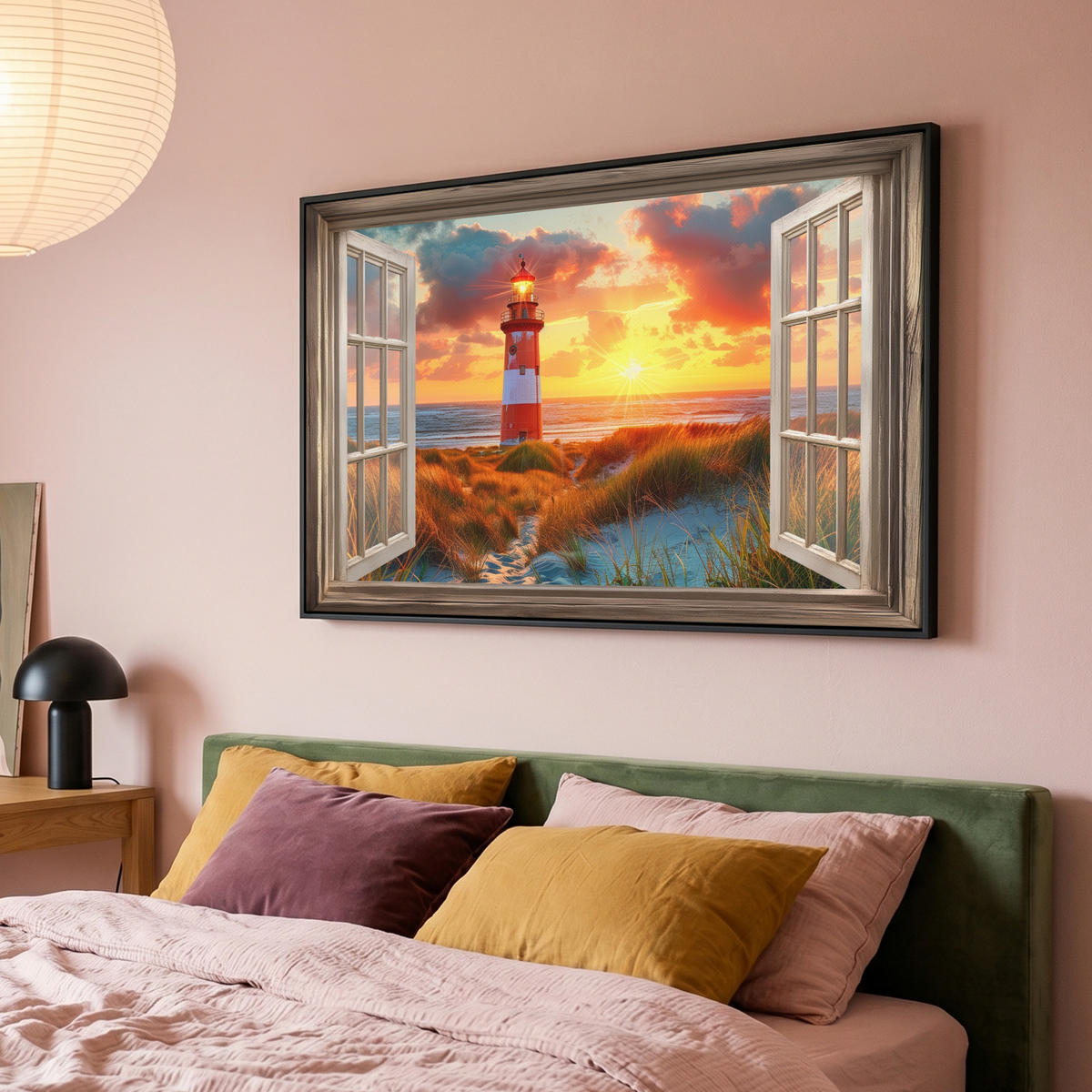 LEINWAND Bilder mit Rahmen - Aussicht - Fenster - Leuchtturm - Sonnenuntergang - Strand - 120x80 - Dunkelorange, Textil (120/80cm) - MuchoWow