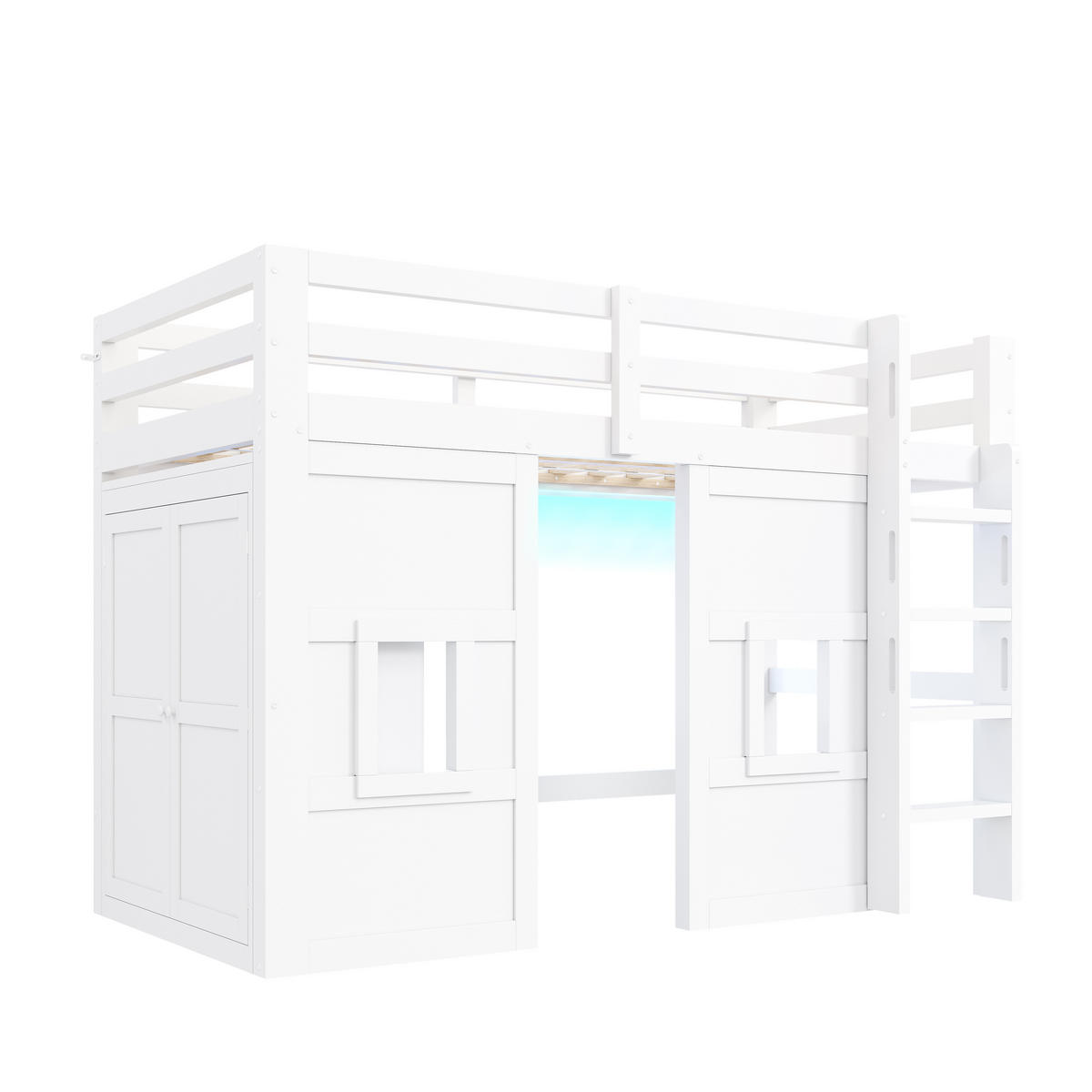 HOCHBETT 90/200 cm DE-03381, mit integriertem Kleiderschrank, 2 Fenstern und LED-Beleuchtung, in Weiß - Weiß, Holz/Holzwerkstoff (90/200cm) - ComfortXL