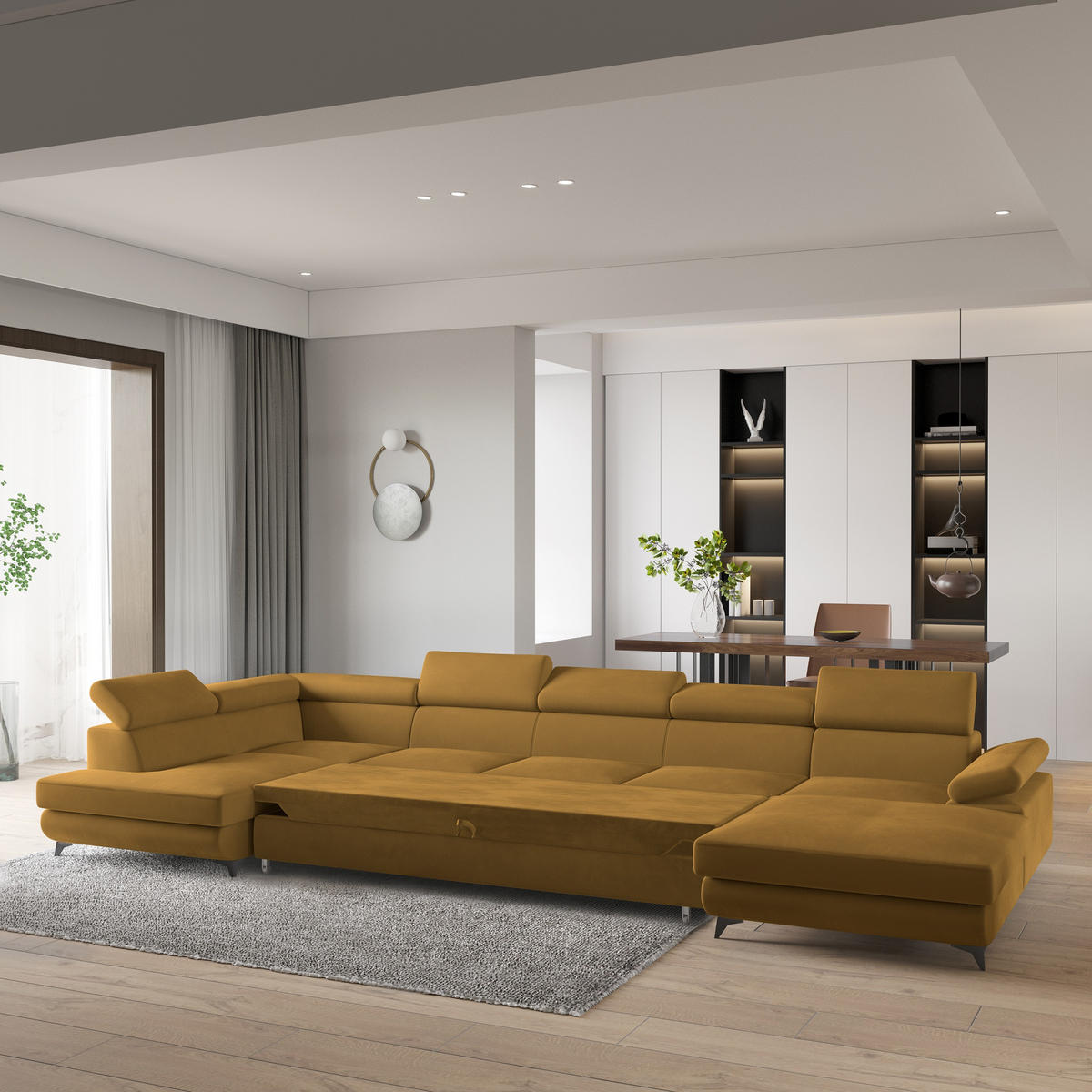 WOHNLANDSCHAFT MONTIVA Gelb Velours-Stoff mit Schlaffunktion - Gelb, Holz (410/89/190cm) - MASSENO