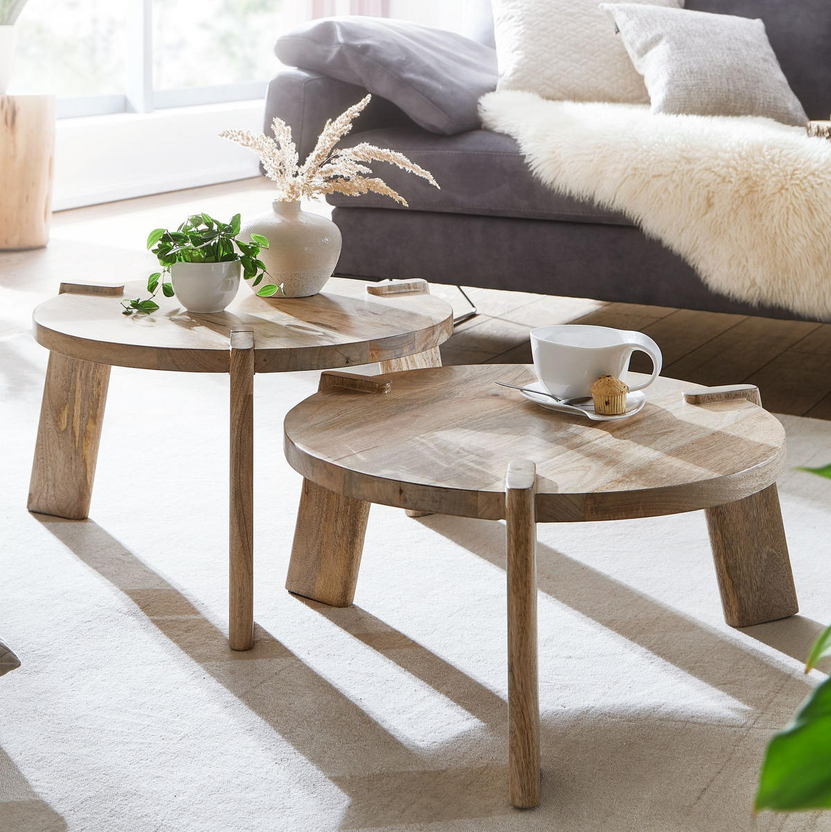 COUCHTISCH 2er Set Mango Massivholz Messingstreifen Handgefertigt HELEN, Beige 53x53x32 cm - Beige, Mangoholz/Holz (53/53/32cm) - KADIMA DESIGN