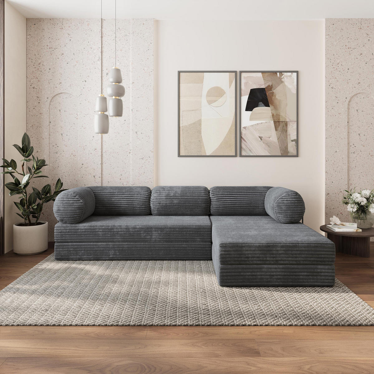 ROHOVÁ SEDAČKA ETERA modulární Boneless pohovka s funkcí spaní, grafitová TILIA 90 - tmavě šedá, textil (270/160cm) - MASSENO