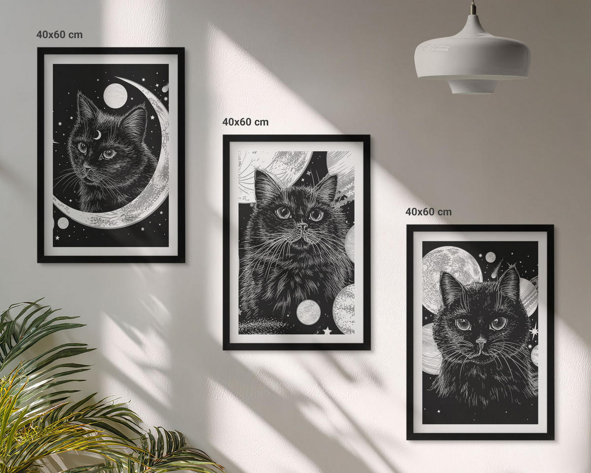 BILDER SET 3er Set - 40x60 cm Schwarzer Rahmen - Schwarze Katzen, Mond, Weltraum - Schwarz, Kunststoff (40/60cm) - TULUP