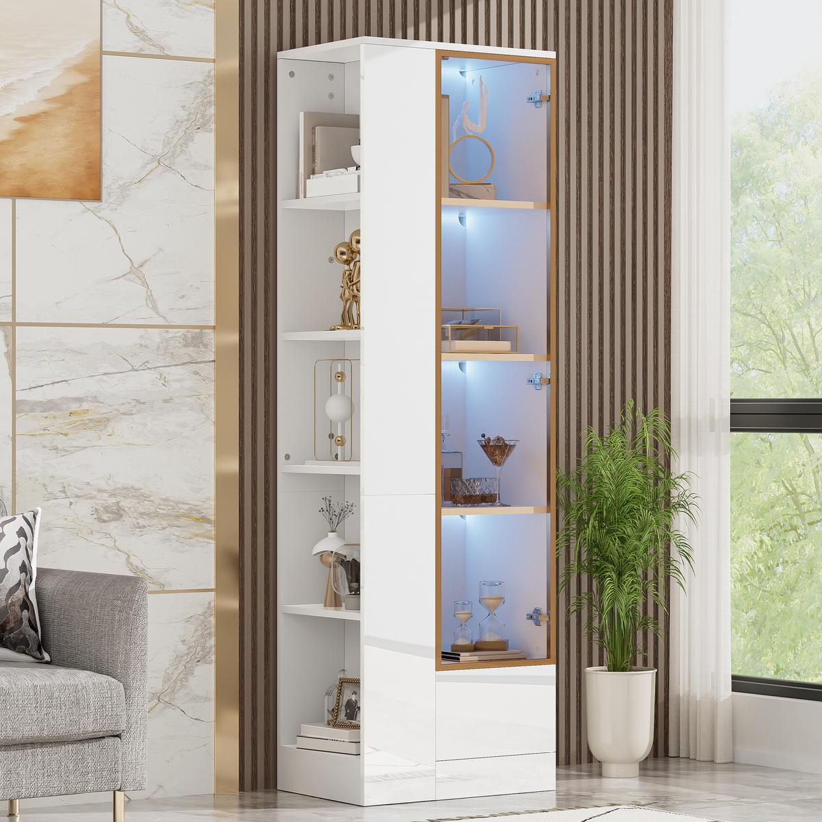 VITRINE 50x35x160 cm Weiß mit LED und Glastür - Weiß, Holzwerkstoff (50/160/35cm) - FLIEKS