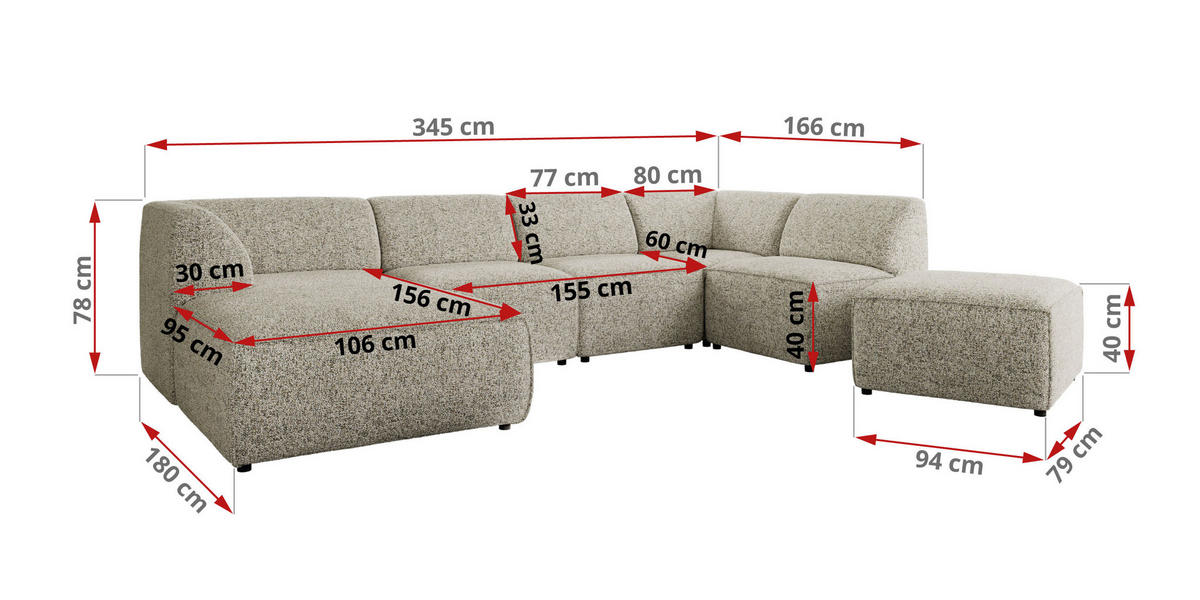 WOHNLANDSCHAFT MODARO U 6M - Beige Struktur - Links - Beige/Schwarz, Textil (180/78/345cm) - MKS