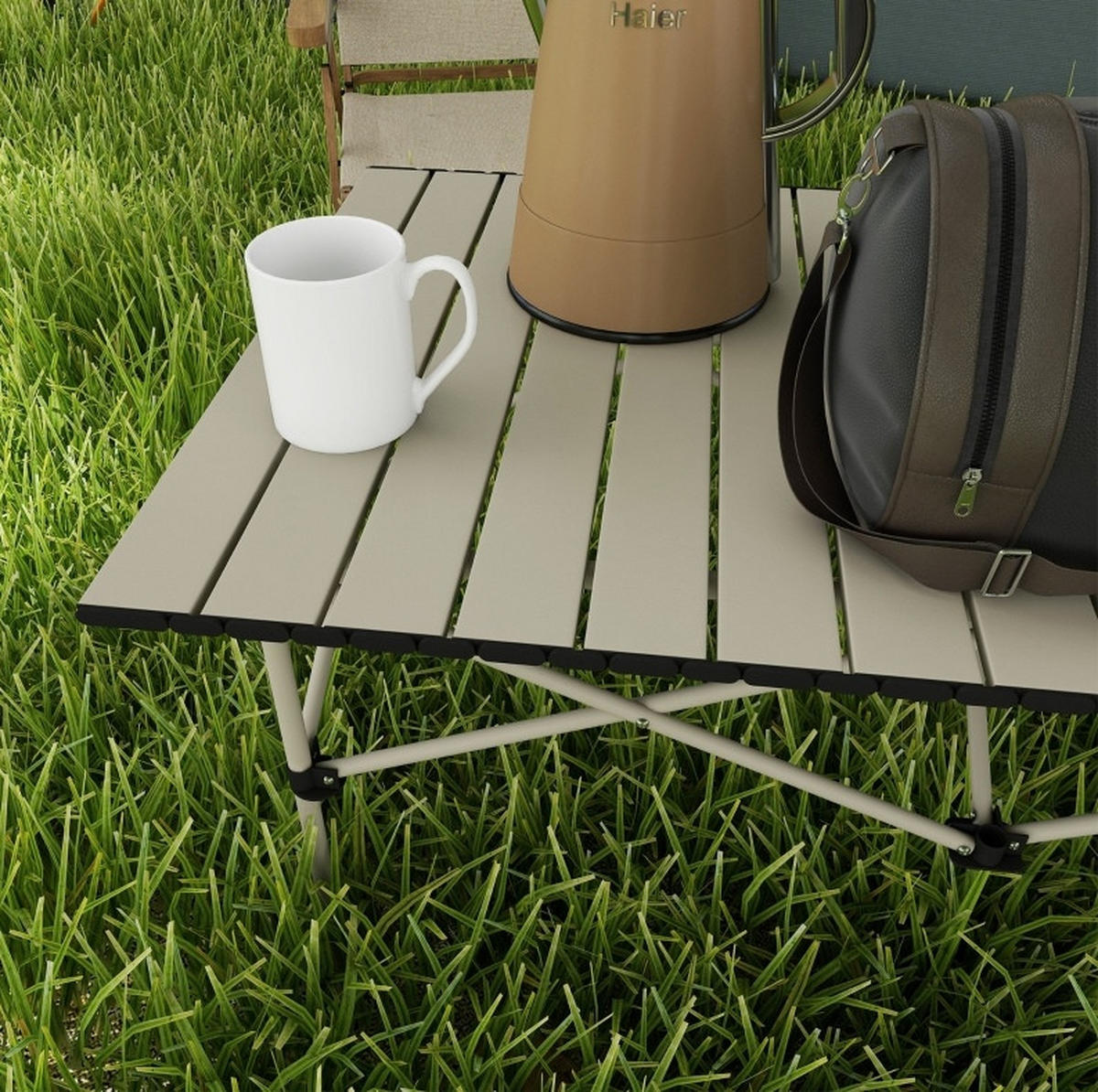 LOUNGETISCH 95/55/50 cm khaki aus Aluminium klappbar - Beige, Metall (95/55/50cm) - OKWISH