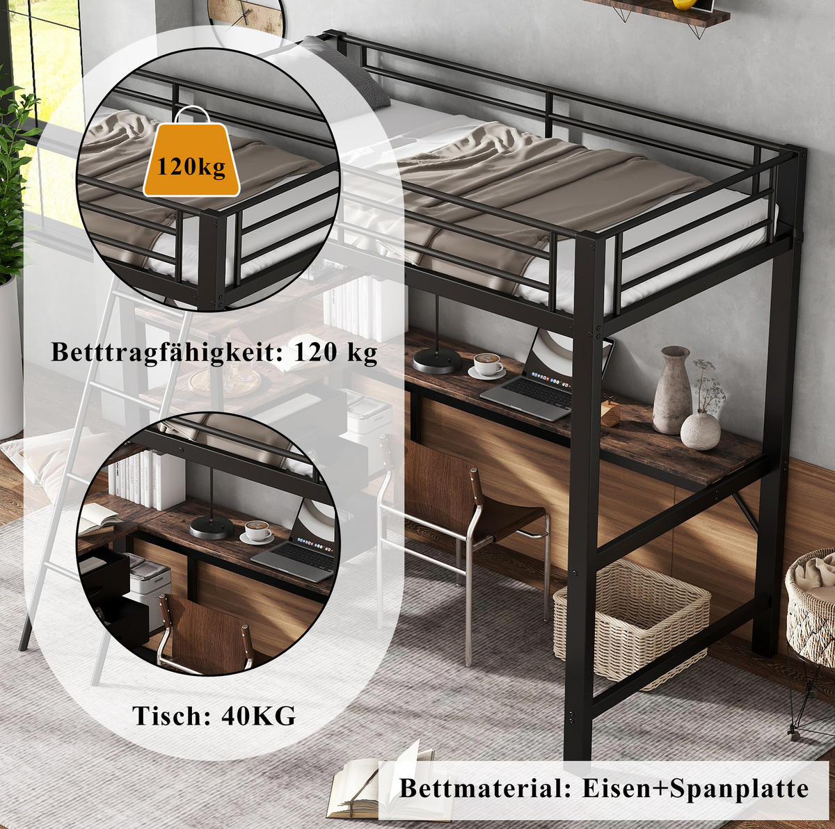 ETAGENBETT 90/200 cm in Schwarz/Dunkle Walnuss mit Schreibtisch und 3 Schubladen - Schwarz, Metall (90/200cm) - OKMYHOME