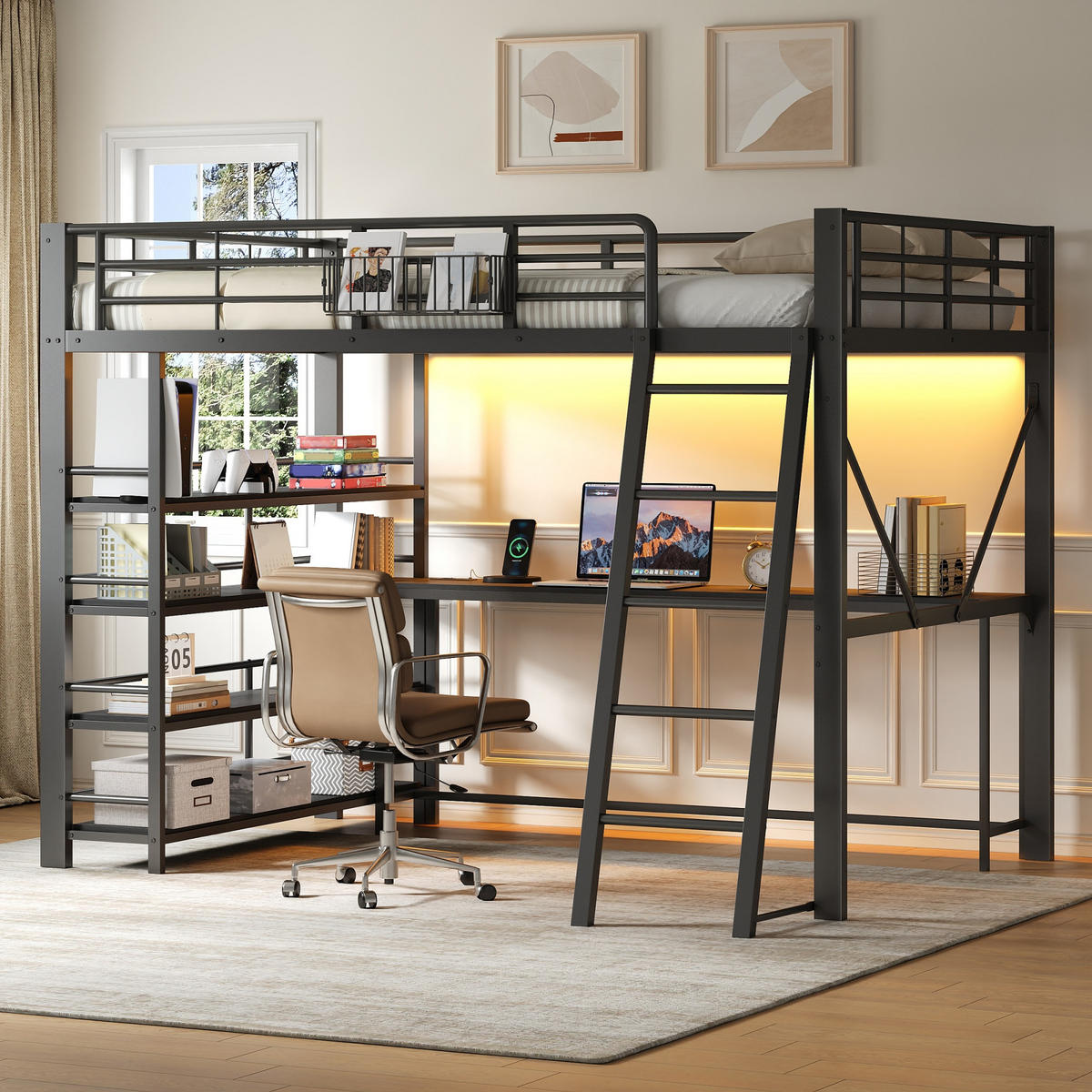 HOCHBETT 140/200 cm in Schwarz mit Schreibtisch, Regal, Aufbewahrungskorb, LED und USB Metallbett - Schwarz, Holzwerkstoff/Metall (140/200cm) - STILVORA