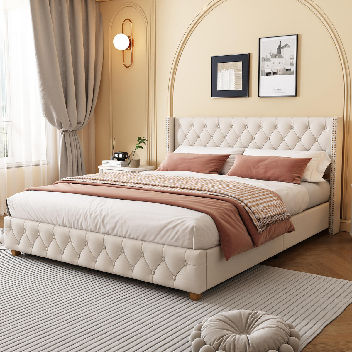 POLSTERBETT 180/200 cm mit Lattenrost, Knopfheftung & Nieten am Kopfteil, Beige - Beige, Textil (180/200cm) - Redom