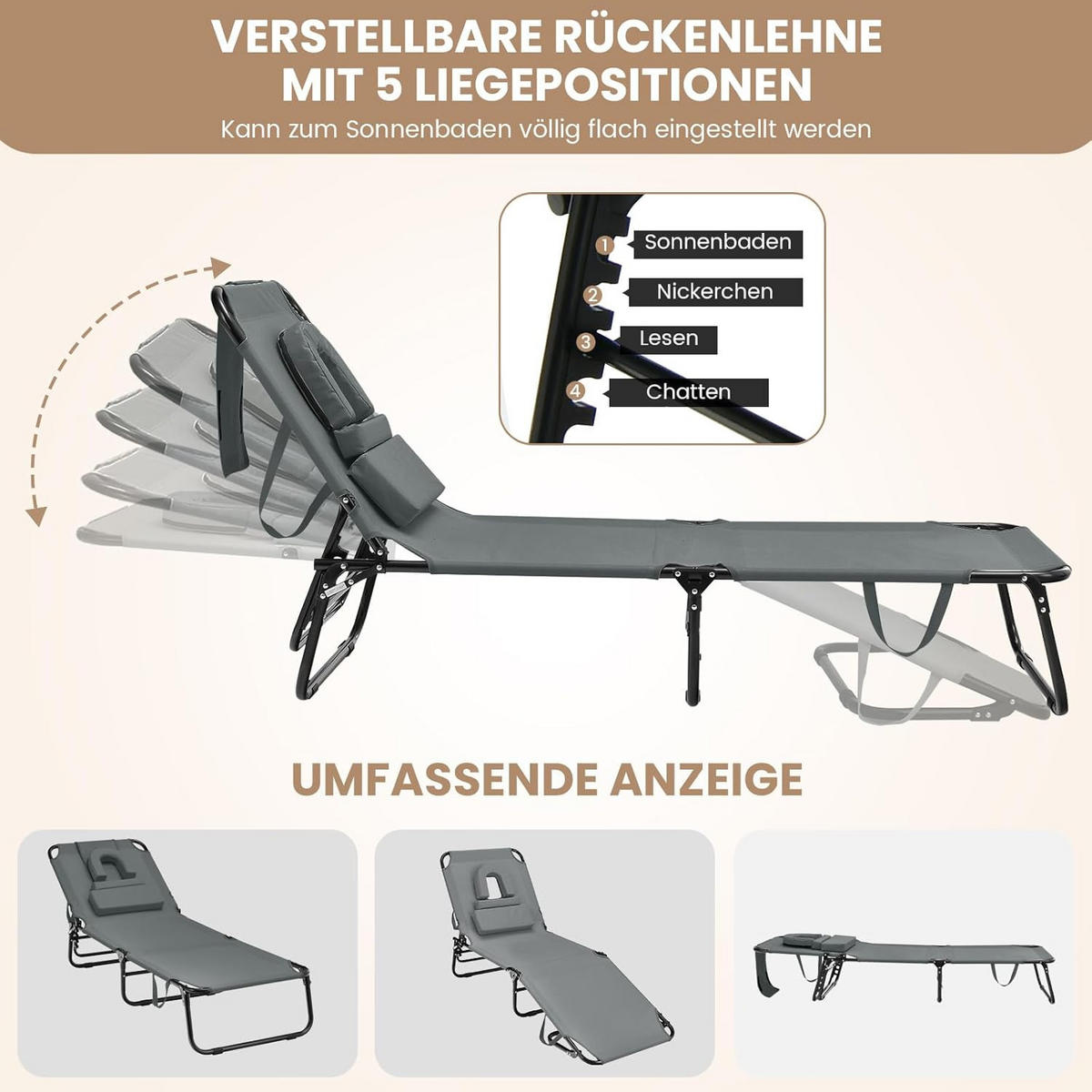 SONNENLIEGE mit Gesichtsöffnung Grau - Grau, Metall (63/30/194cm) - COSTWAY