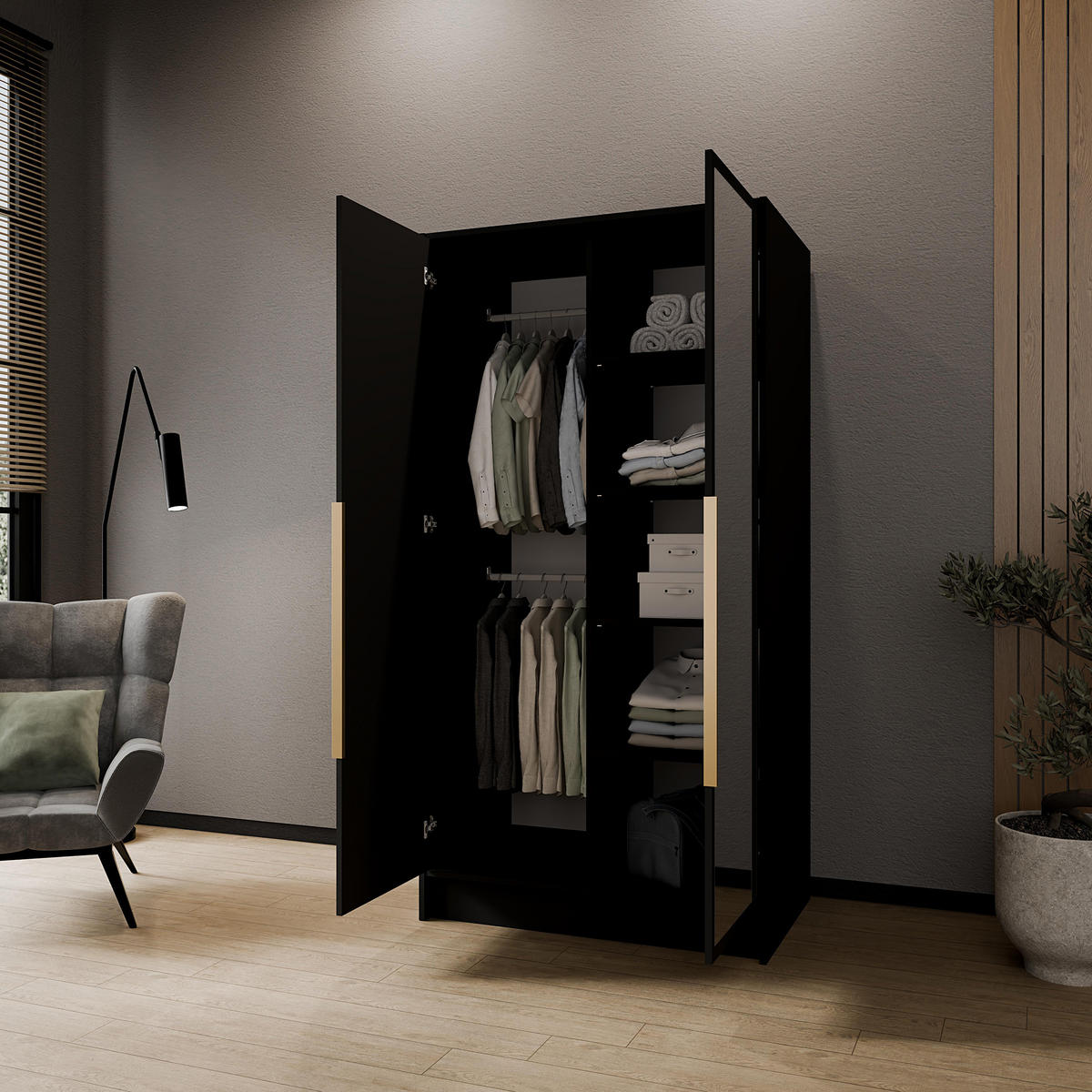 DREHTÜRENSCHRANK Laro mit Spiegel, Schwarz mit goldenen Griffen, 100 cm - Schwarz, Holzwerkstoff (100/200/51cm) - Beautysofa