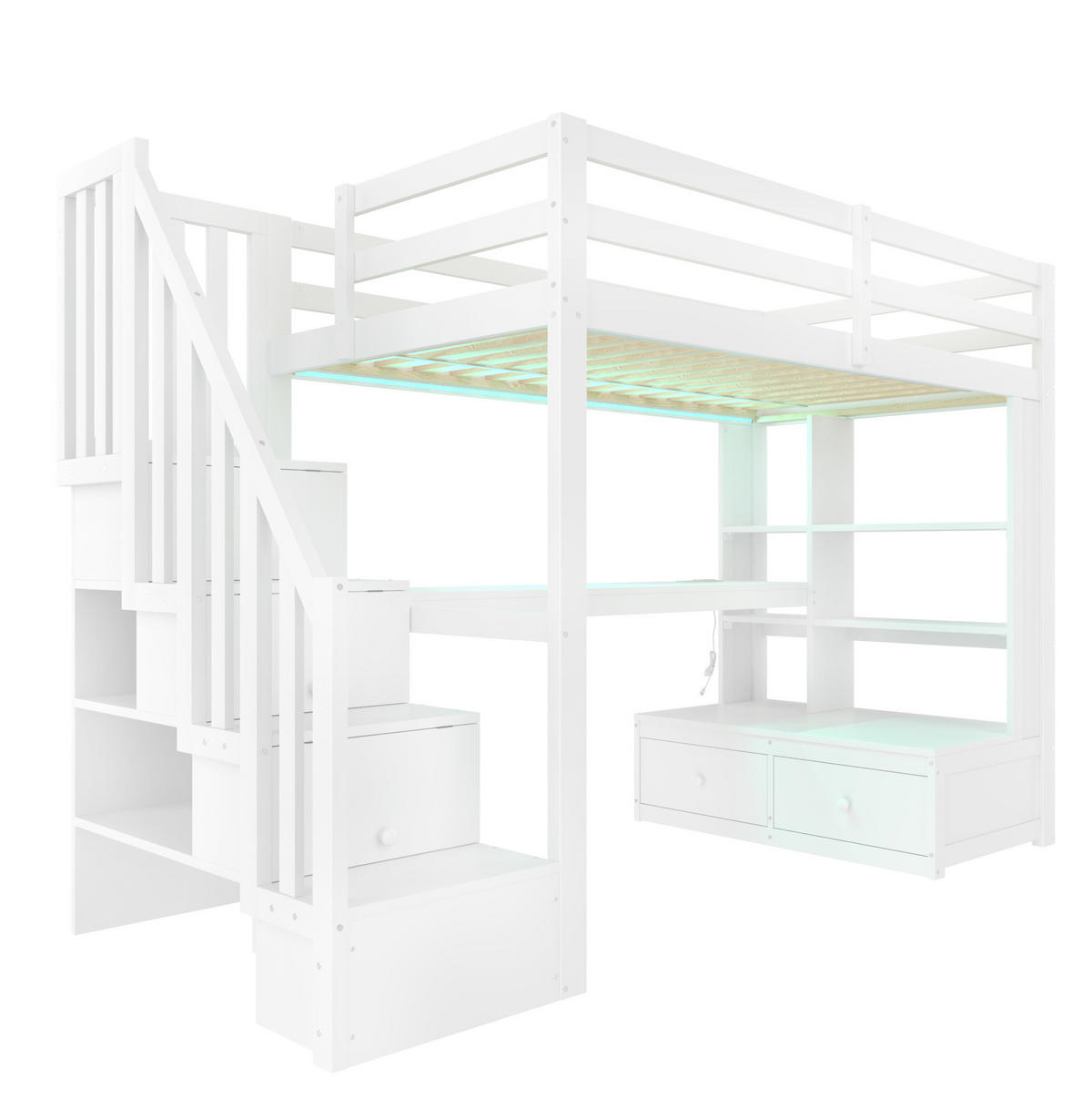 HOCHBETT 90/200 cm aus Kiefer/MDF mit Schreibtisch, Regalen, 2 Schubladen, Stauraumtreppe und LED, Weiß - Weiß, Holzwerkstoff (90/200cm) - Redom