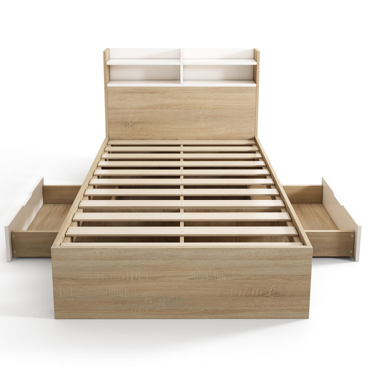 HOLZBETT 90/190 cm mit Kopfteil und 2 Schubladen – inkl. Lattenrost - Weiß, Holzwerkstoff (90/190cm) - BEAOK