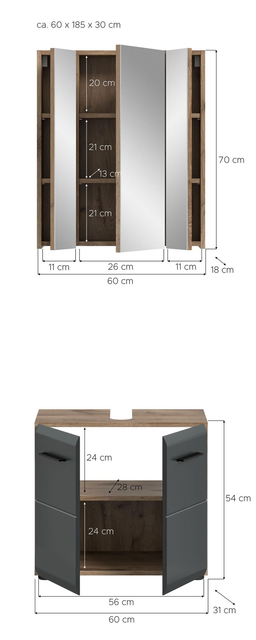 BADEZIMMER Alba 2-tlg (B/H/T: ca. 60/185/30 cm) in Nox Oak /schwarz matt - Eichefarben, Holz (60/185/30cm)