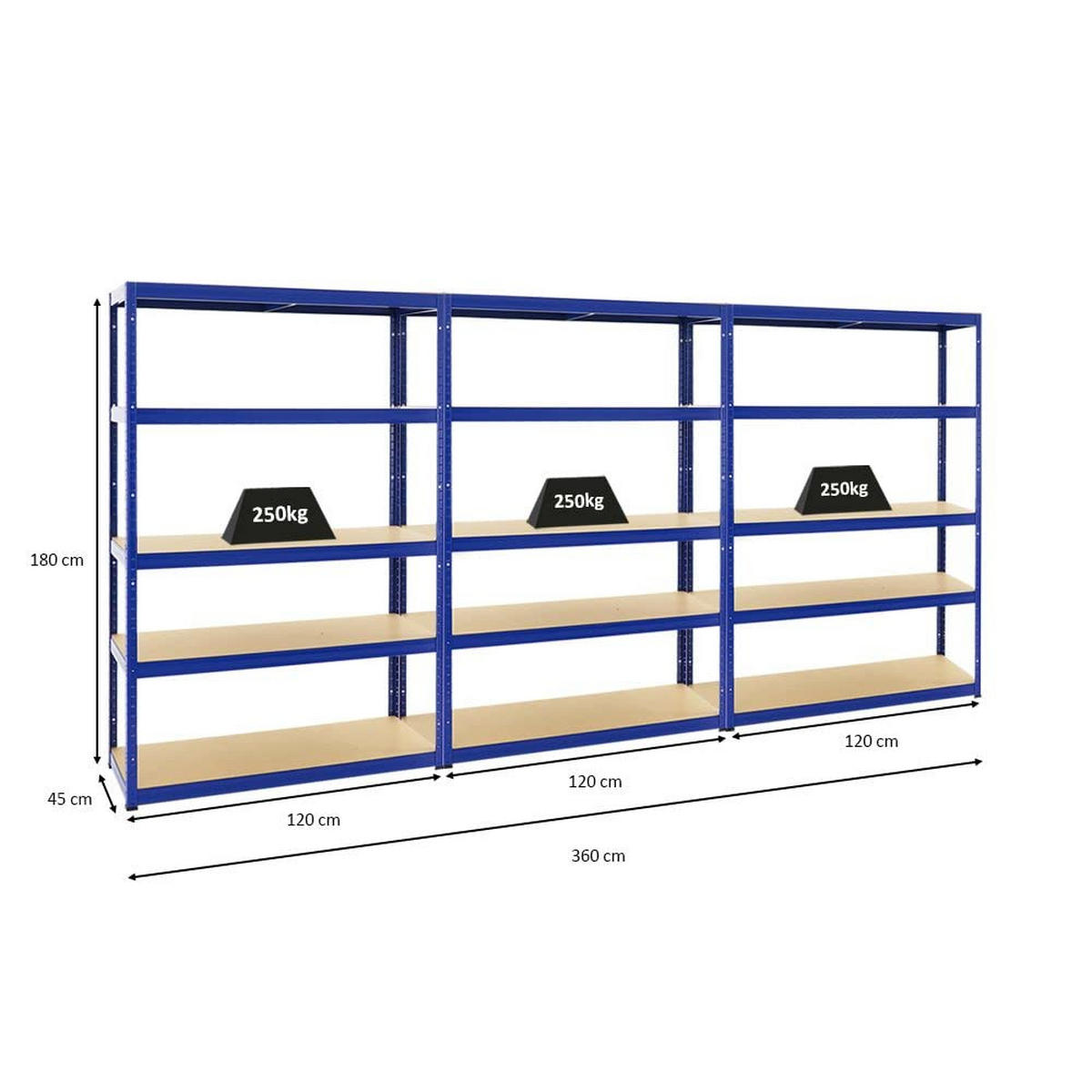 SCHWERLASTREGAL Big Elephant S 3er-Set mit 3x 180x120x45 cm Fachlast 250 kg Blau - Blau, Metall (360/180/45cm) - PROREGAL