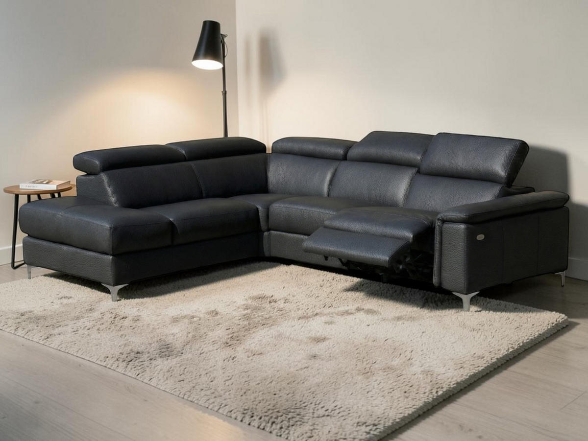 ECKSOFA Avenger Echtleder mit 1 x Relaxfunktion Schwarz - Schwarz, Leder/Metall (224/81/271cm)
