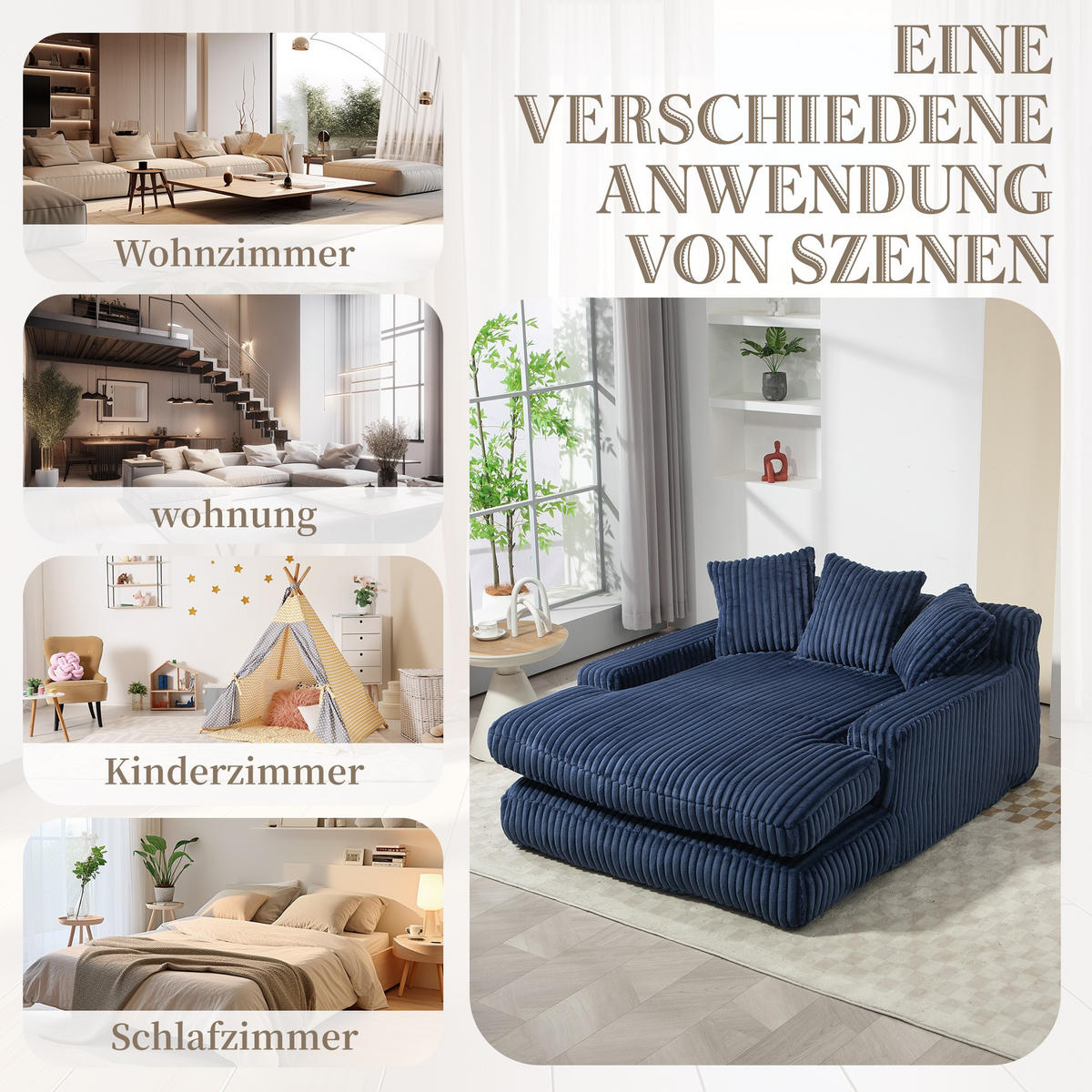 SCHLAFSOFA Relaxliege mit 3 Zierkissen,Lounge Sofa,Polstersofa,Cord,Blau - Blau, Textil (125/63/155cm) - LVHOM
