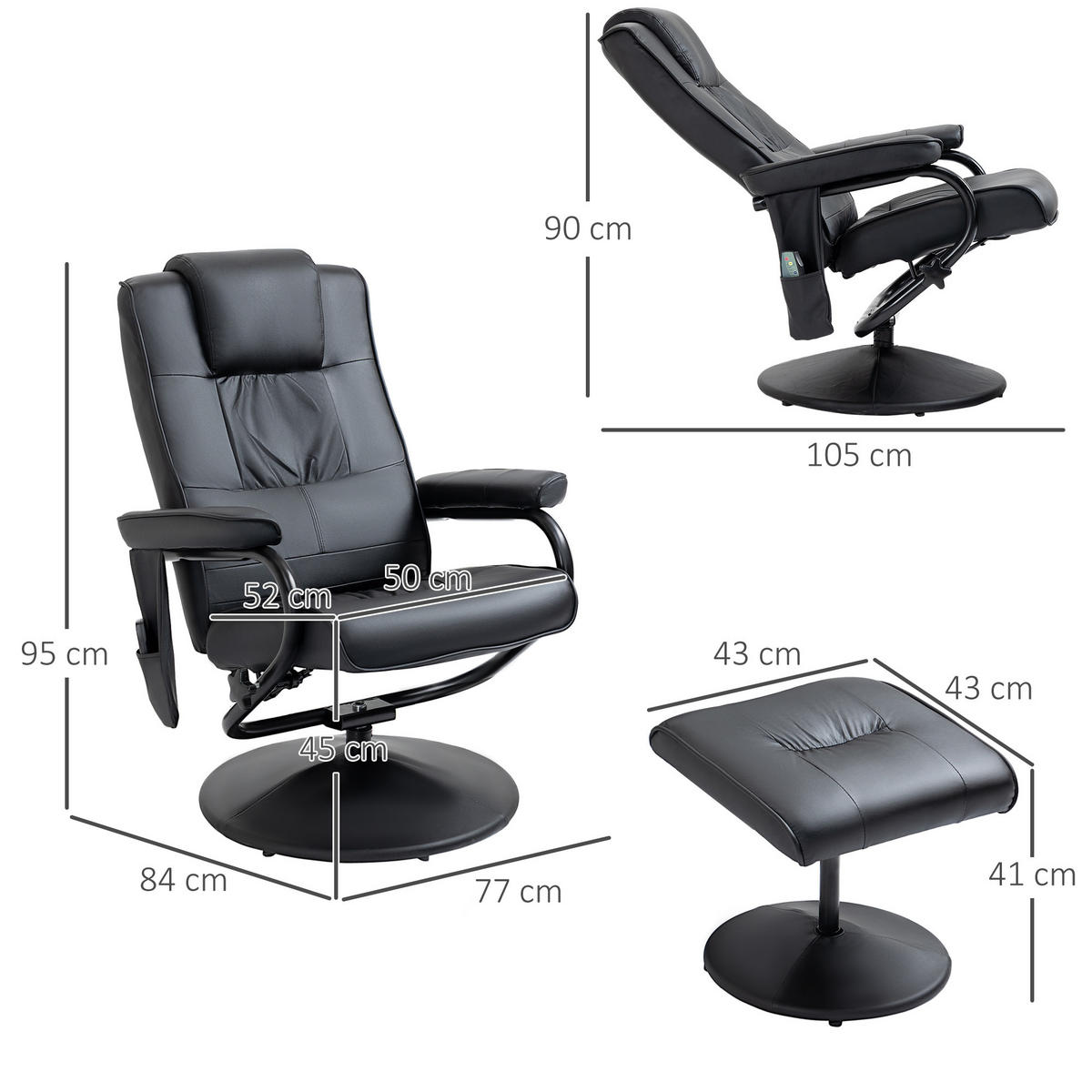 MASÁŽNÍ KŘESLO se stoličkou, relaxační křeslo s funkcí ležení, masážní funkce, černé - černá, kov/plast (84/95/77cm) - HOMCOM
