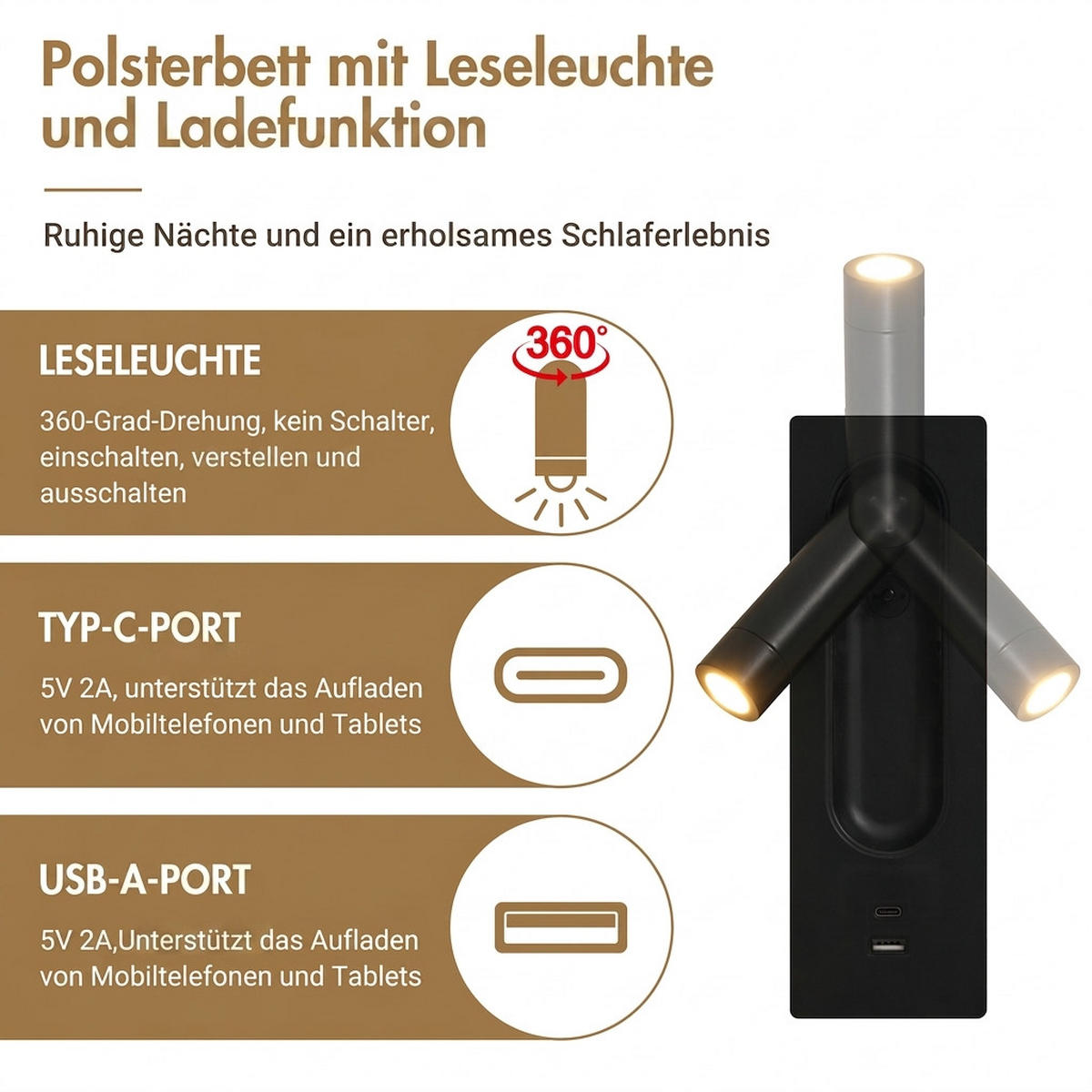 POLSTERBETT 180/200 cm Grau mit Leselampe und USB Type-C Ladefunktion - Grau, Textil (180/200cm) - Oxeza