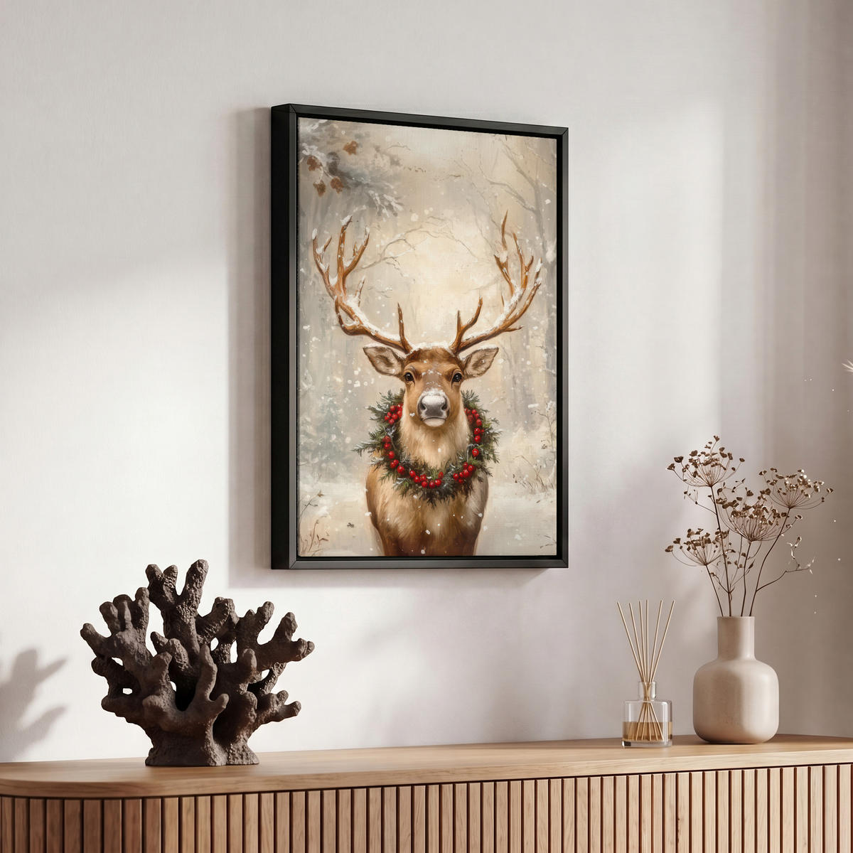 LEINWAND Bilder mit Rahmen - Weihnachten - Rentier - Winter - Kranz - 20x30 - Naturfarben, Textil (20/30cm) - MuchoWow