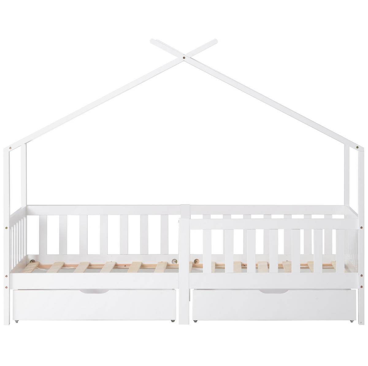 POSTELJA v obliki hiše 90/200 cm bela iz masivnega lesa z ograjico in 2 predaloma - bela, les (90/200cm) - OKWISH