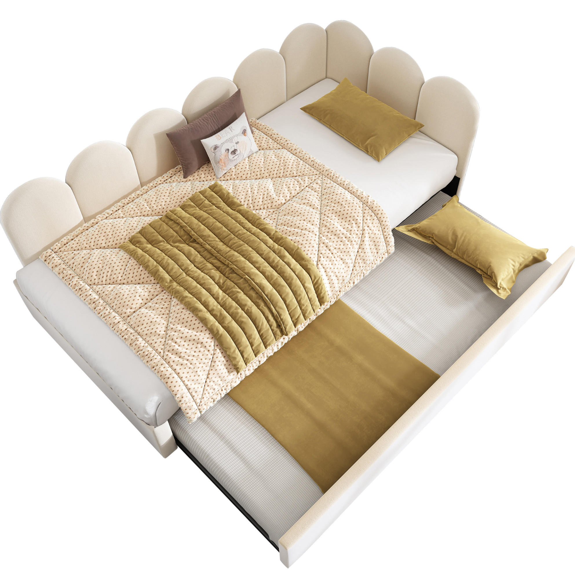 OKWISH ČALOUNĚNÁ postel 90/200 cm béžová ze sametu s výsuvným lůžkem