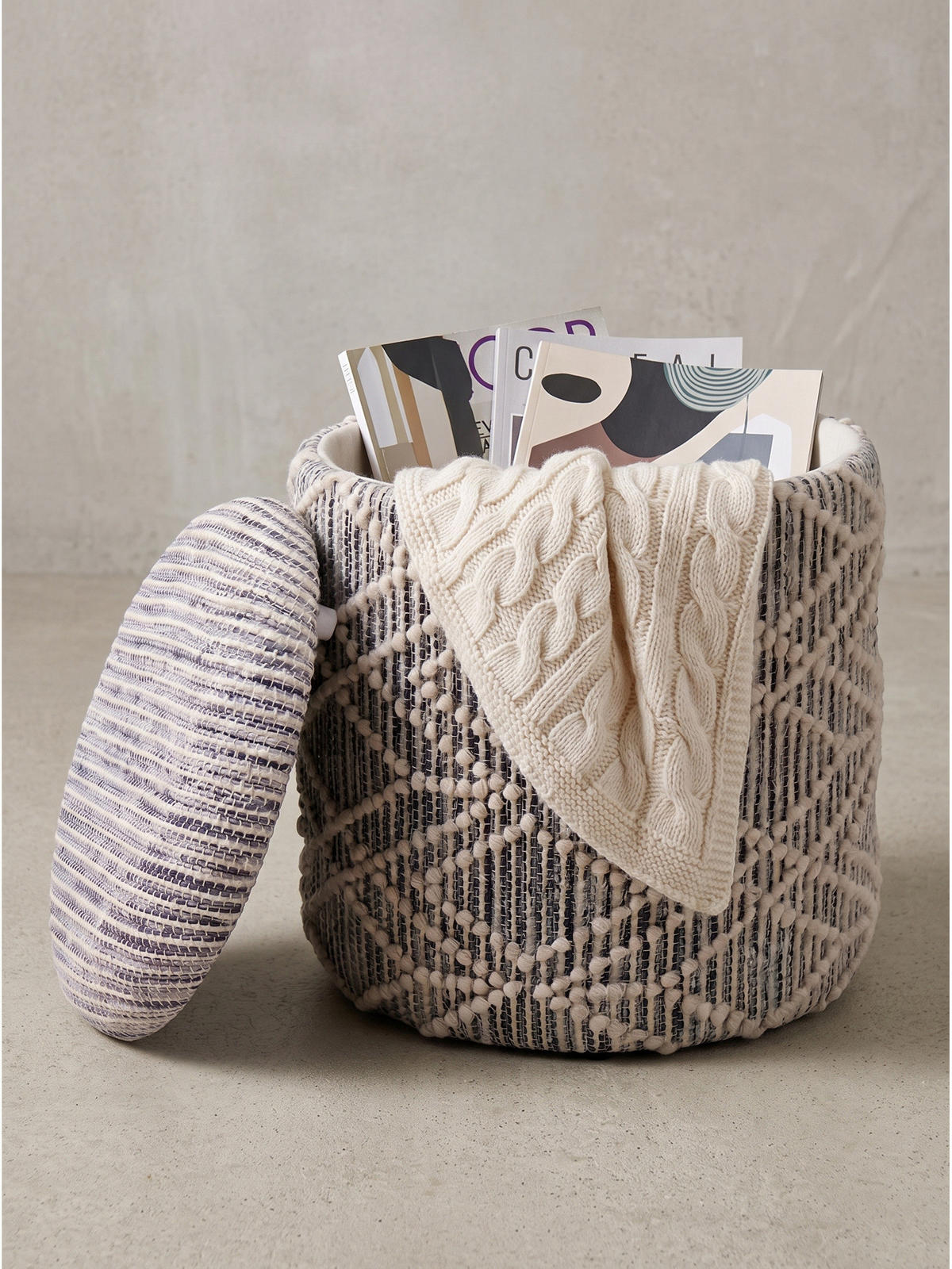 SITZHOCKER RHONE, Stoff, mit Textilbezug, Grau-Beige, Ø 40 x 45 cm - Grau, Textil (40/45/40cm) - KADIMA DESIGN