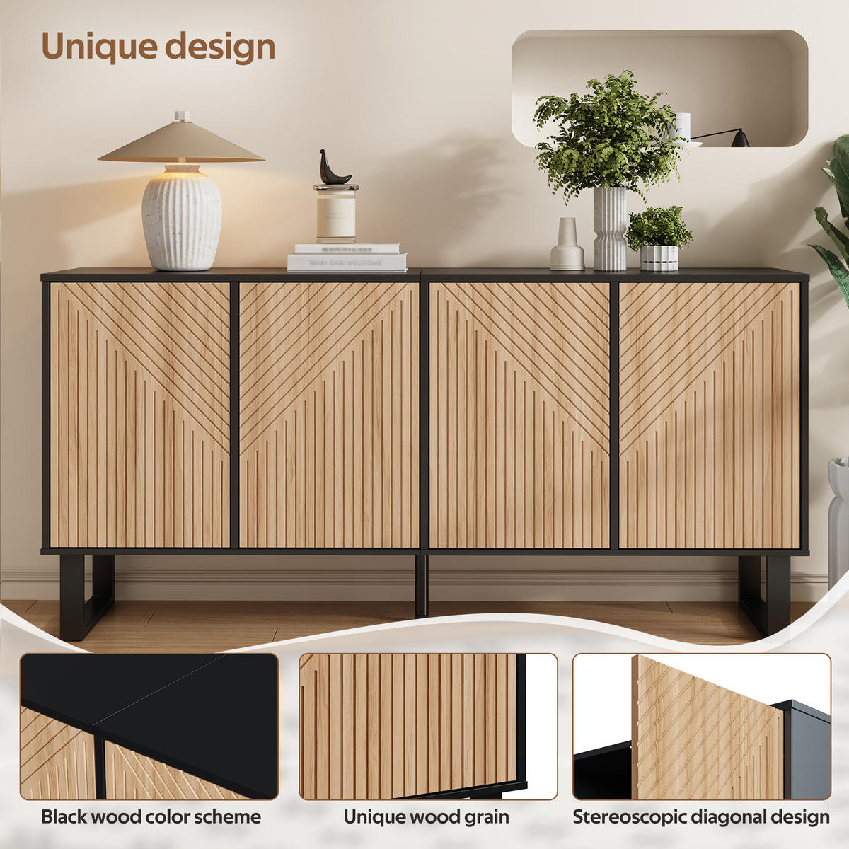 SIDEBOARD Black-Natural 160/38/75 cm - Schwarz, Holzwerkstoff (160/75/38cm) - PANGIVO
