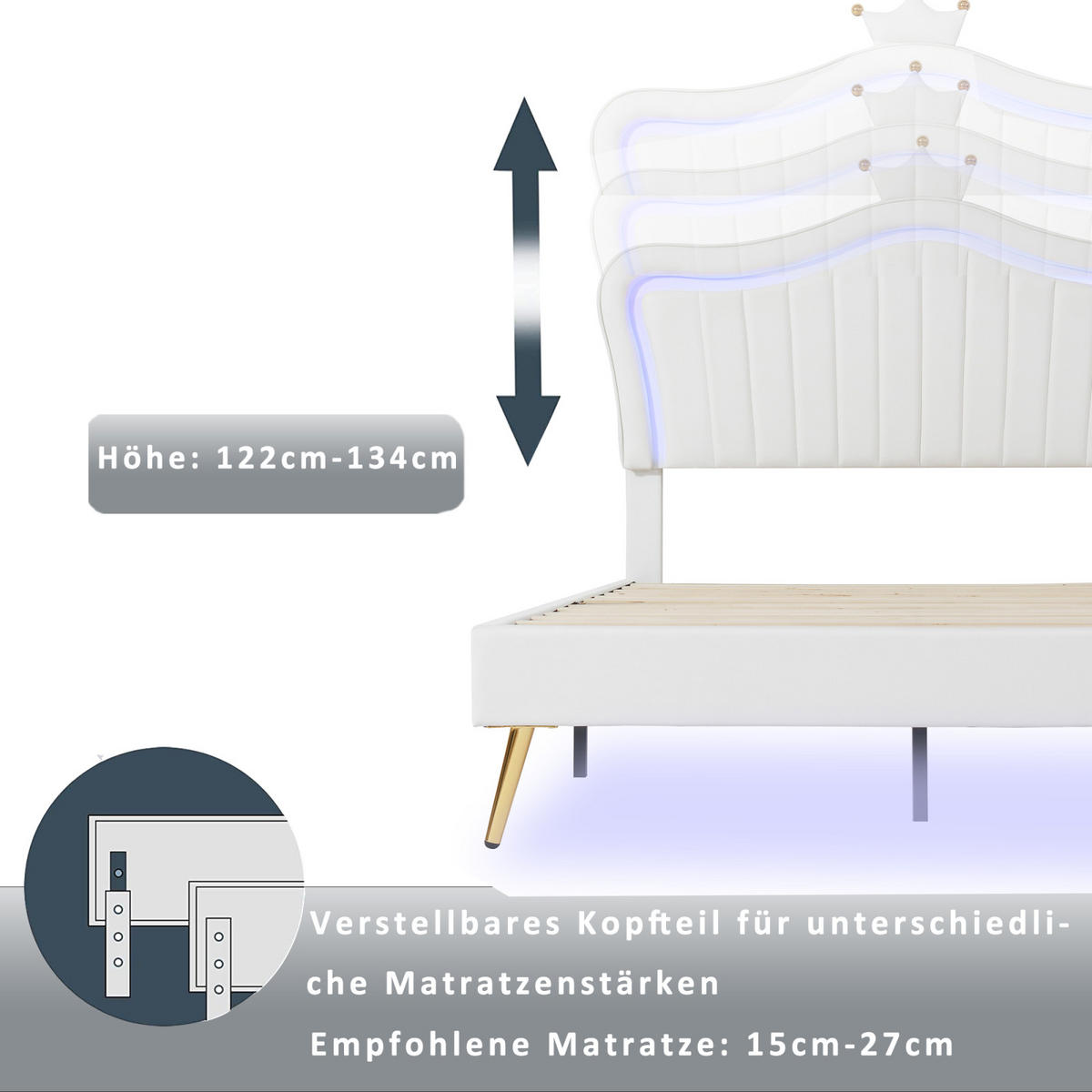 KINDERBETT Polsterbett 90/200 mit LED, Krone-Kopfteil, Kunstleder Weiß, Lattenrost - Weiß, Holz/Textil (90/200cm) - PARAFTA HOME