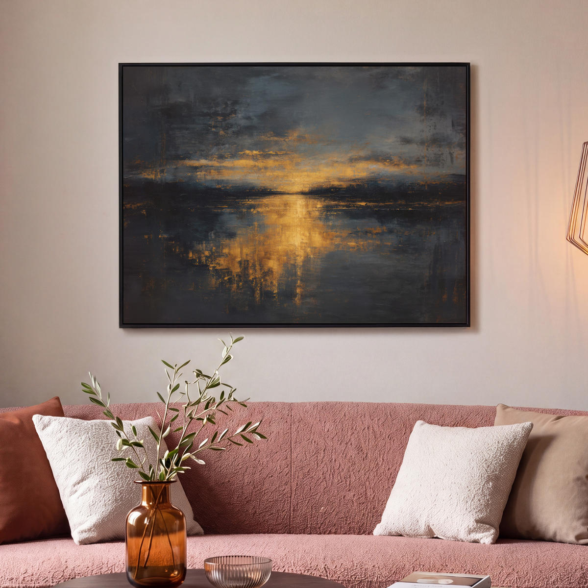 LEINWAND Bilder mit Rahmen - Goldene Reflexion auf dem Wasser - 100x70 - Anthrazit, Textil (100/70cm) - MuchoWow