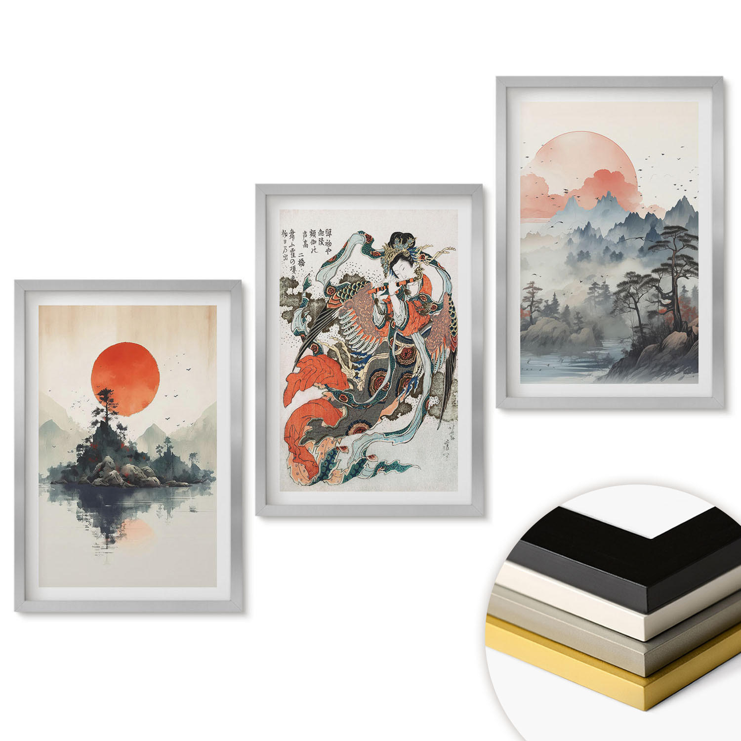 WANDBILDER 3er Set - 40x60 cm Silberner Rahmen - Asiatische Japandi-Malereien - Silberfarben, Kunststoff (40/60cm) - ArtPrintCave