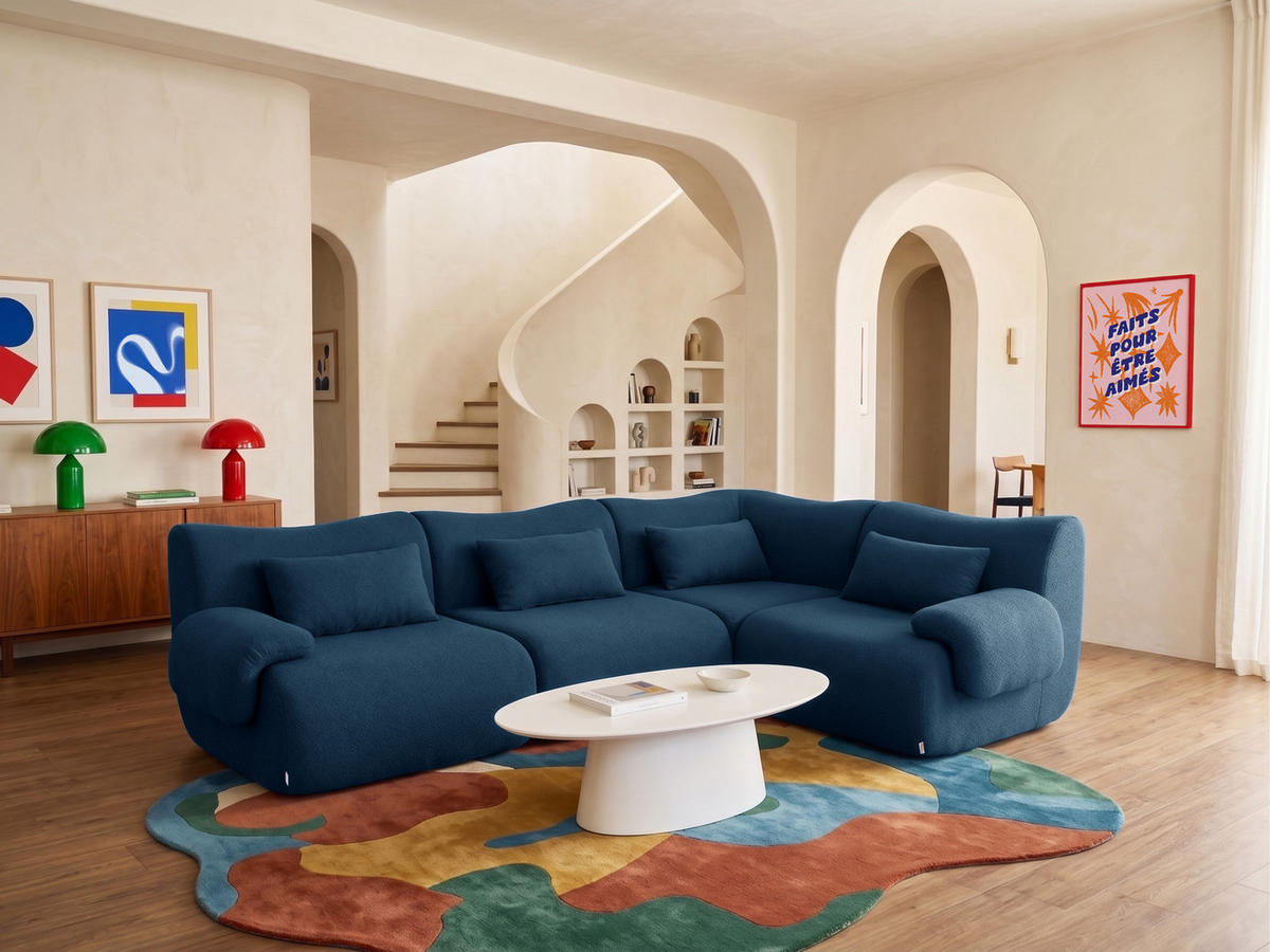 ECKSOFA Bouclé-Stoff Tiefblau - Blau, Textil (269/182cm) - MILYsofa