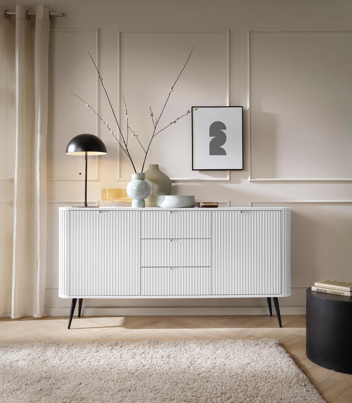 KOMMODE Breite ZOVA Weiß-Gold, 168x87x39cm 3 Schubladen, 2 Schränke - Goldfarben/Weiß, Holzwerkstoff/Kunststoff (168/87/39cm) - DomoHome
