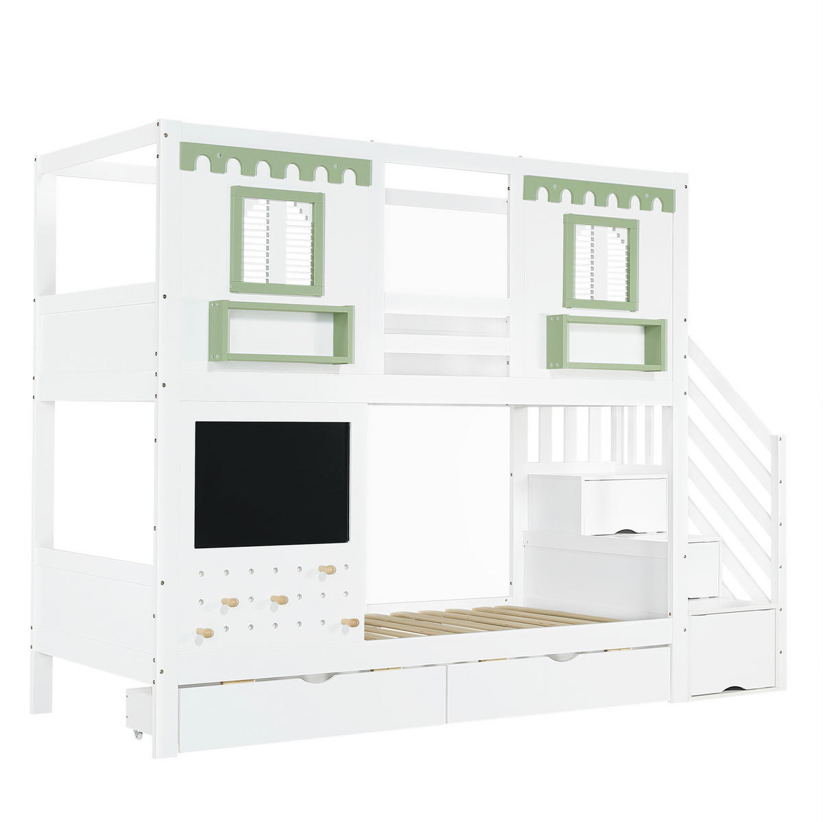 HAUSBETT 90/200 cm Weiß/Grün mit Treppenstauraum und 2 Schubladen - Weiß, Holz (90/200cm) - Flora Grace