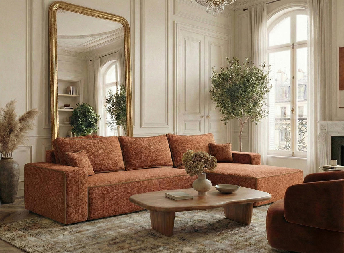 ECKSOFA MIT SCHLAFFUNKTION Modo Beige grau Chenille-Stoff - Rechts Seite - Rostfarben/Schwarz, Holz/Holzwerkstoff (294/185cm) - Maison de Reve