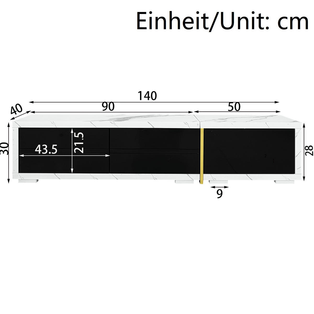 NÍZKÁ komoda z MDF a dřevotřísky, 140-260 cm, černá/bílý mramor, otočný a rozšiřitelný - černá, kompozitní dřevo (260/30/40cm) - BEAOK