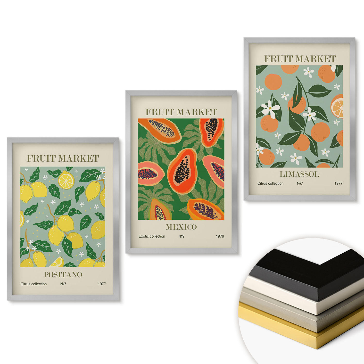 WANDBILDER 3er Set - 40x60 cm Silberner Rahmen - Fruchtposter Zitronen Papayas - Silberfarben, Kunststoff (40/60cm) - ArtPrintCave