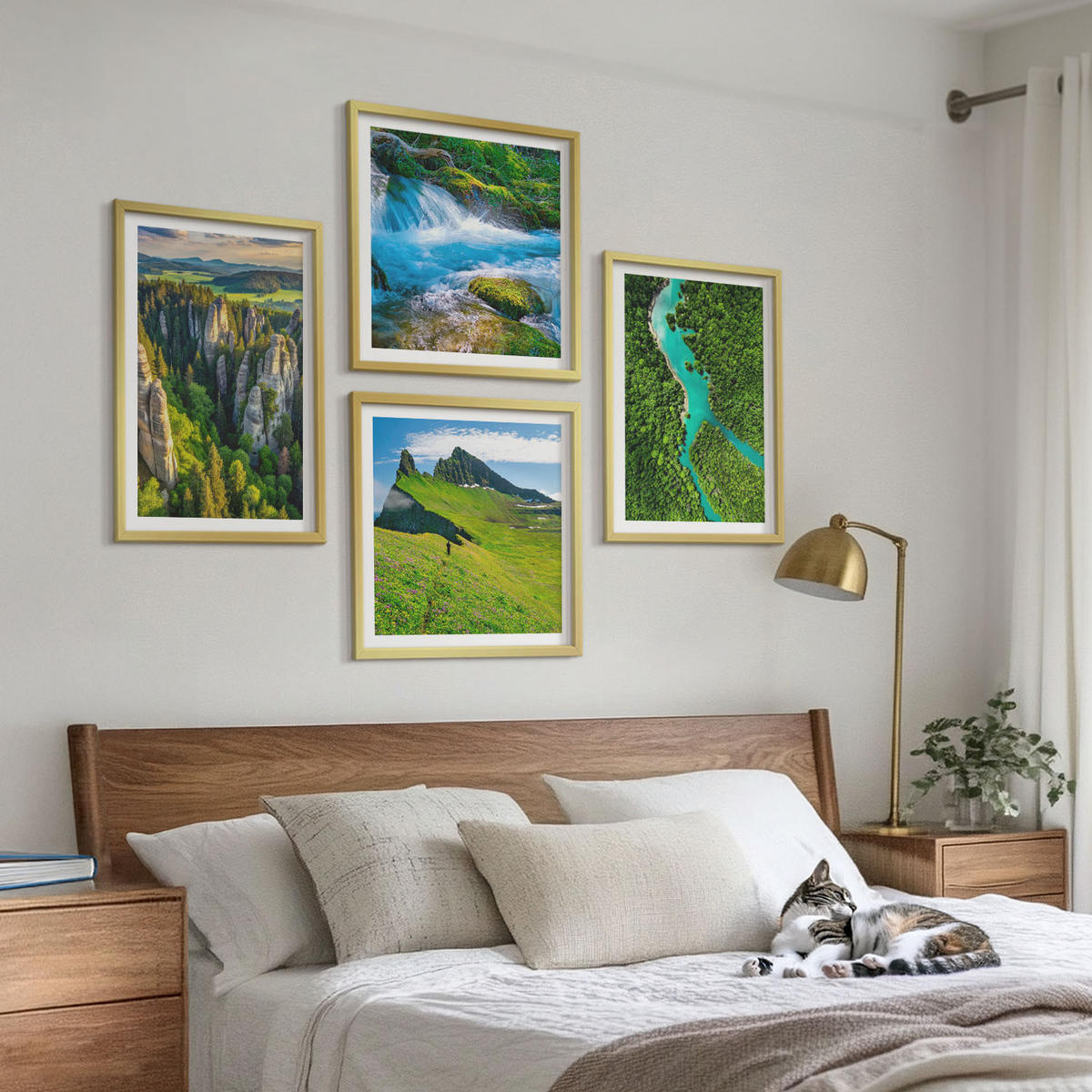BILDER SET 4er Set - 50x50 cm & 40x60 cm Goldrahmen - Grüne Berge, Flussfelsen - Goldfarben, Kunststoff (50/50cm) - TULUP