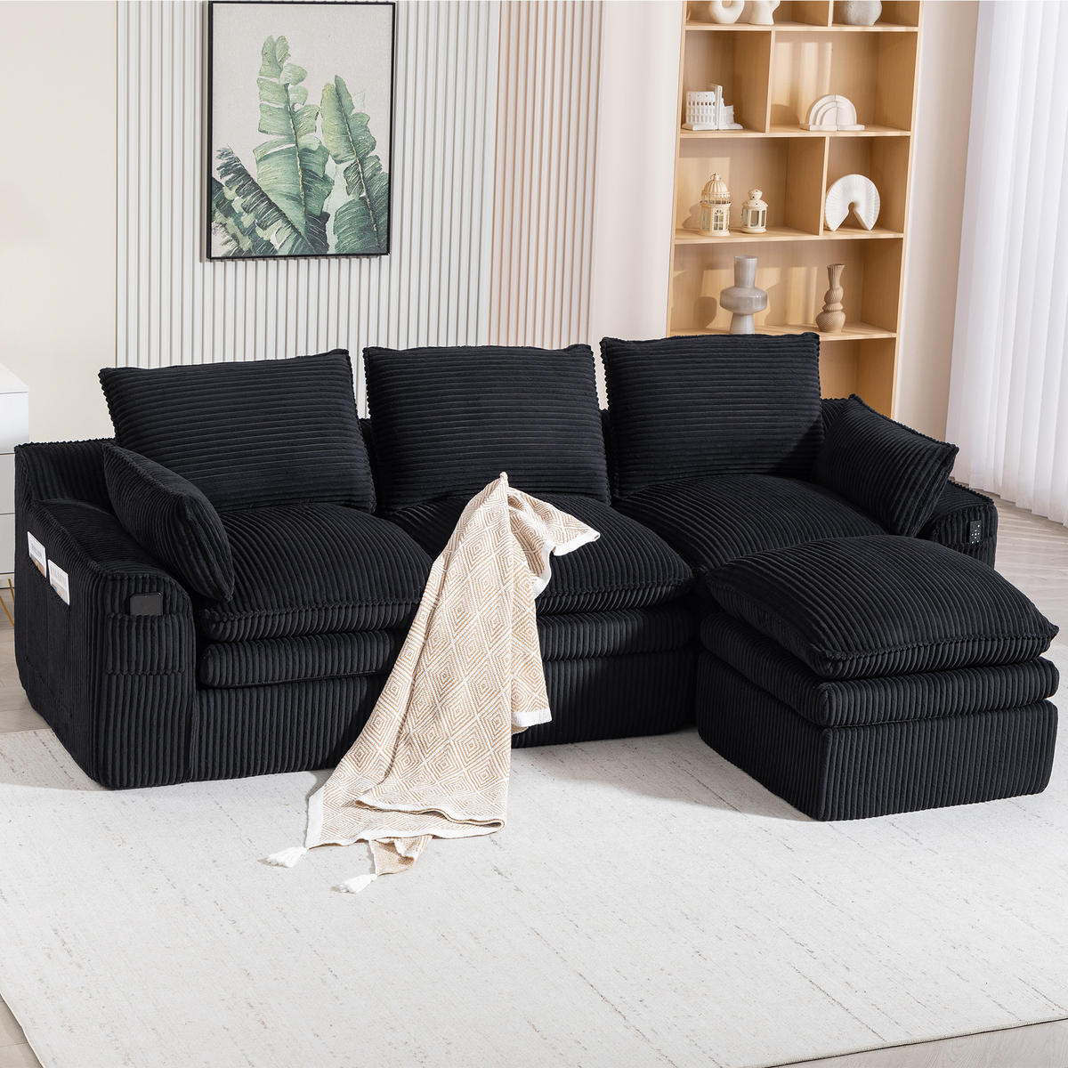 3-SITZER ECKSOFA Cord Schwarz mit Kissen und Hocker - Schwarz, Textil (263/167cm) - WISHDOR
