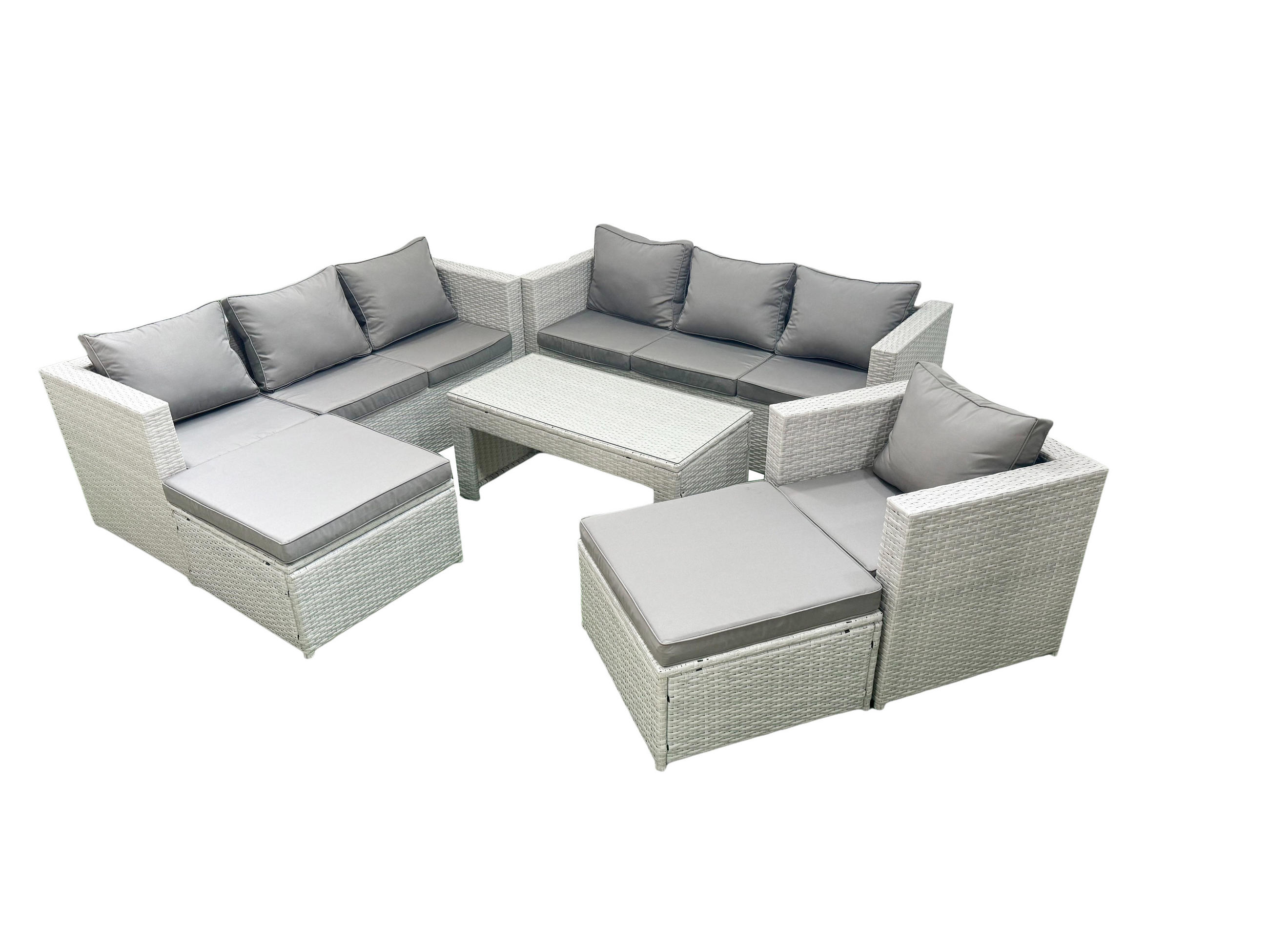 GARTENSOFA hohe Rückenlehne Polyrattan Hellgrau-Mix 9-Sitzer - Hellgrau/Grau, Glas/Kunststoff - Fimous