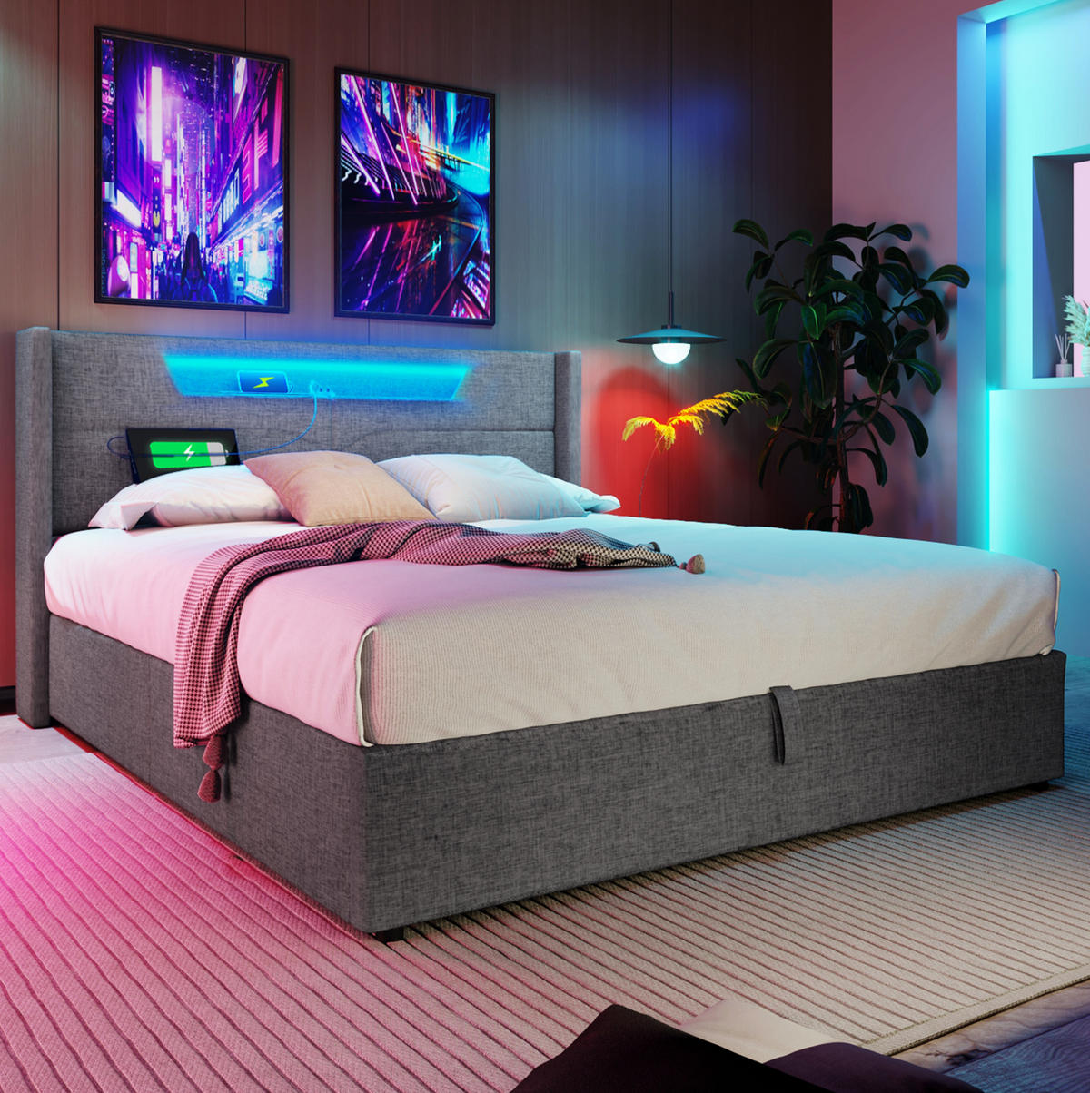 POLNJENA postelja iz lanu 140x200 cm siva z LED osvetlitvijo, USB in Type-C priključkom ter dvižnim predalom - siva, tekstil (140/200cm) - Modfu
