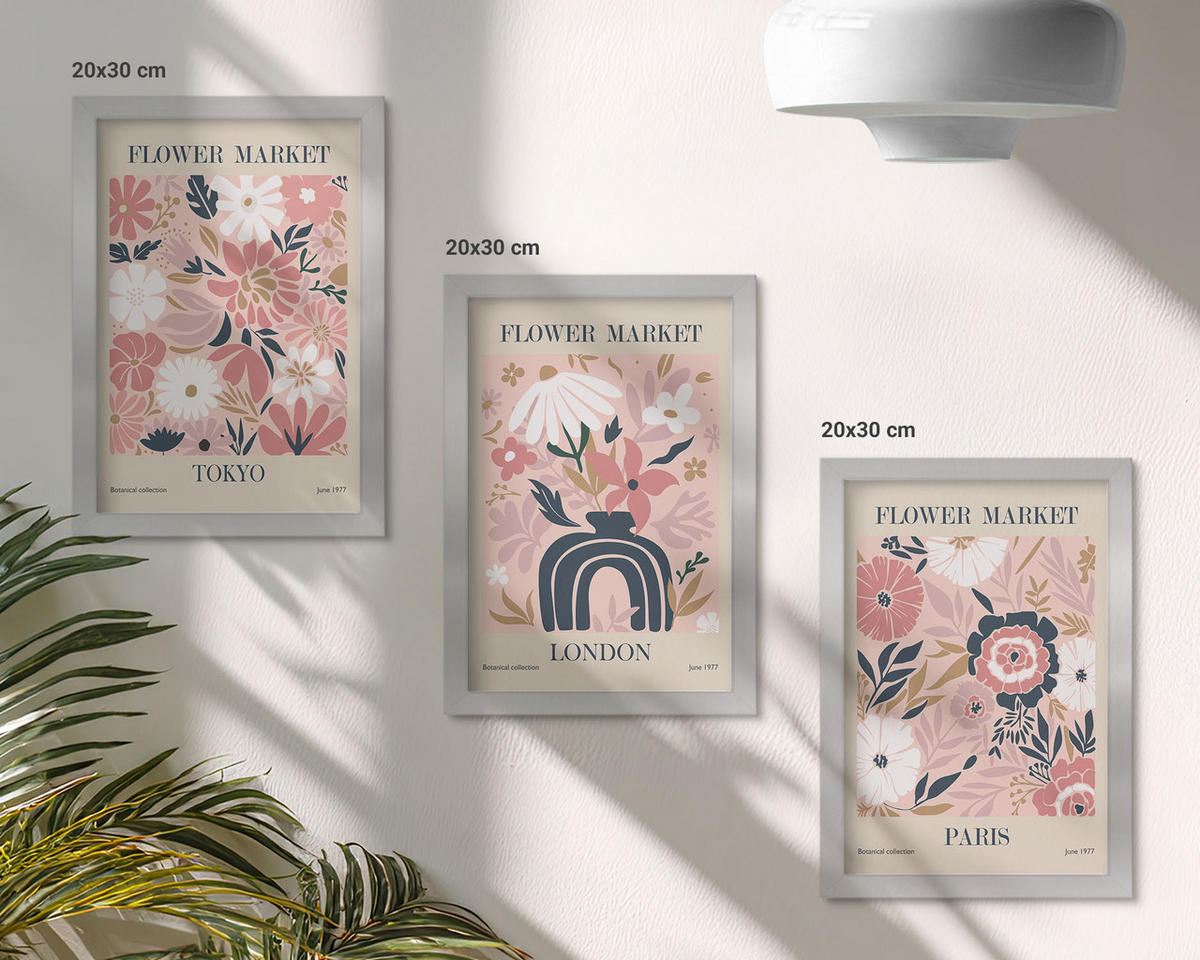 WANDBILDER 3er Set - 20x30 cm Silberner Rahmen - Blumenmotive Tokio London Paris - Silberfarben, Kunststoff (20/30cm) - ArtPrintCave