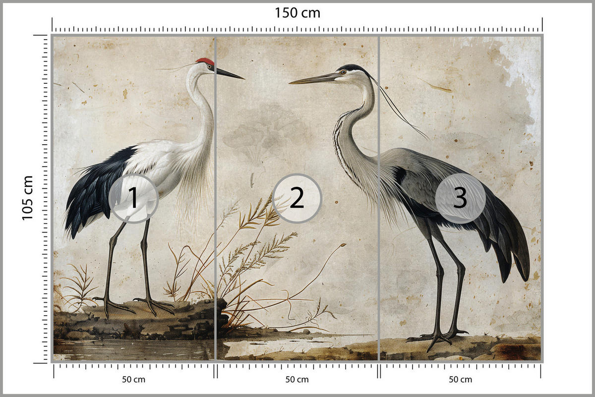 FOTOTAPETE Vögel Vögel Kranich Reiher Retro Stil 150x105 - Beige/Rot, Papier (150/105cm) - Muralo