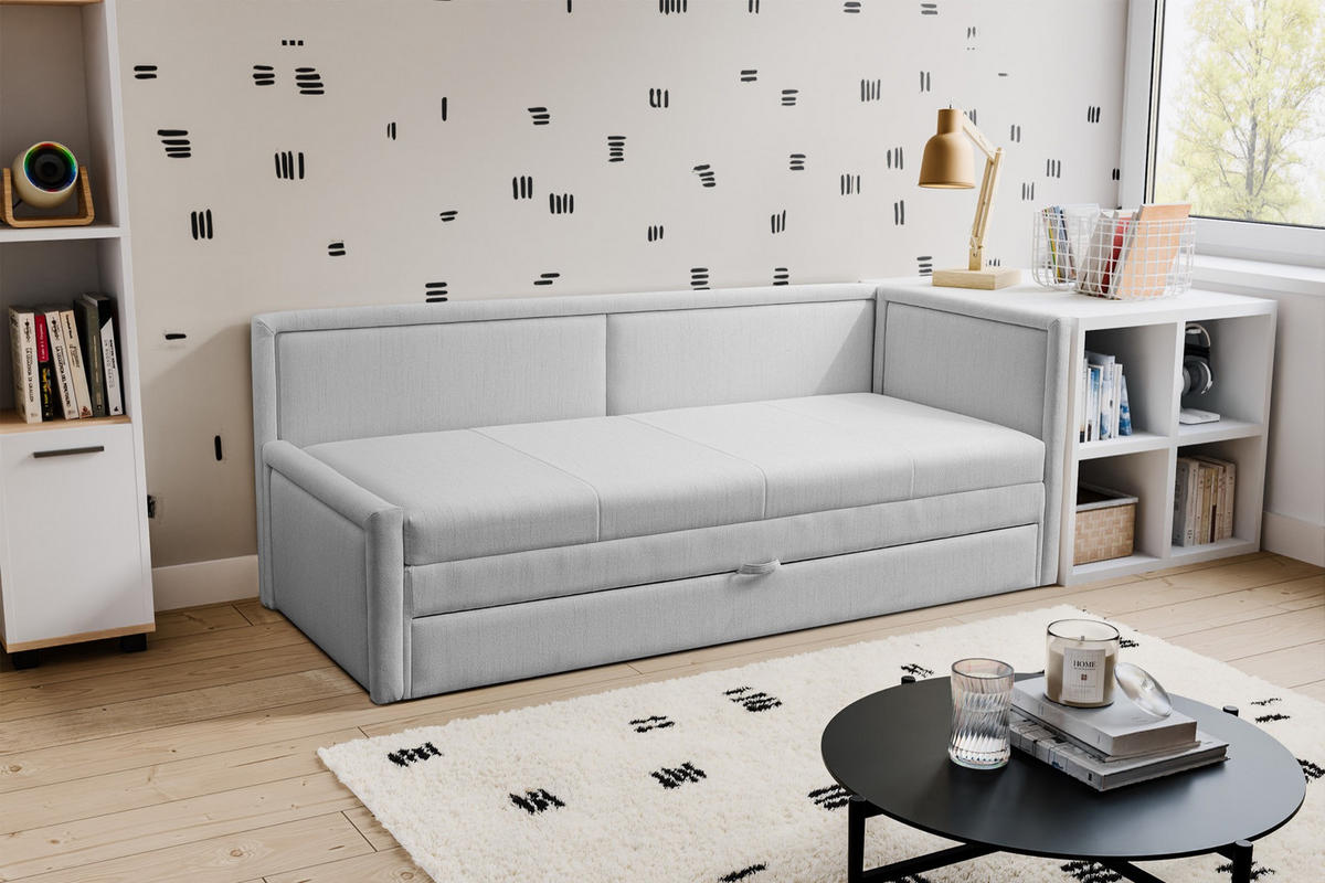 JUGENDBETT Caprili Hellgrau mit Bettkasten - Hellgrau/Schwarz, Kunststoff/Textil (163/189cm) - Selsey