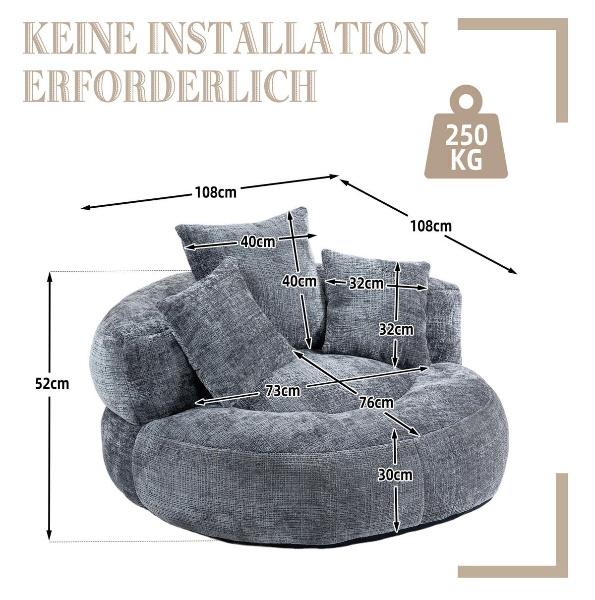 SITZSACK Chenille 108 x 108 x 52 cm Gray - Grau, Kunststoff (108/52/108cm) - Beauniv