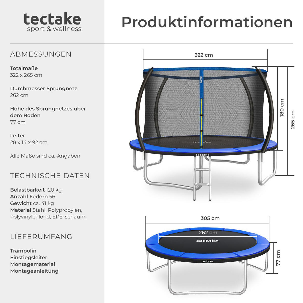 TRAMPOLIN Jumpy, inklusive Einstiegsleiter, schwarz/blau - Blau/Schwarz, Metall (322/265/322cm) - tectake