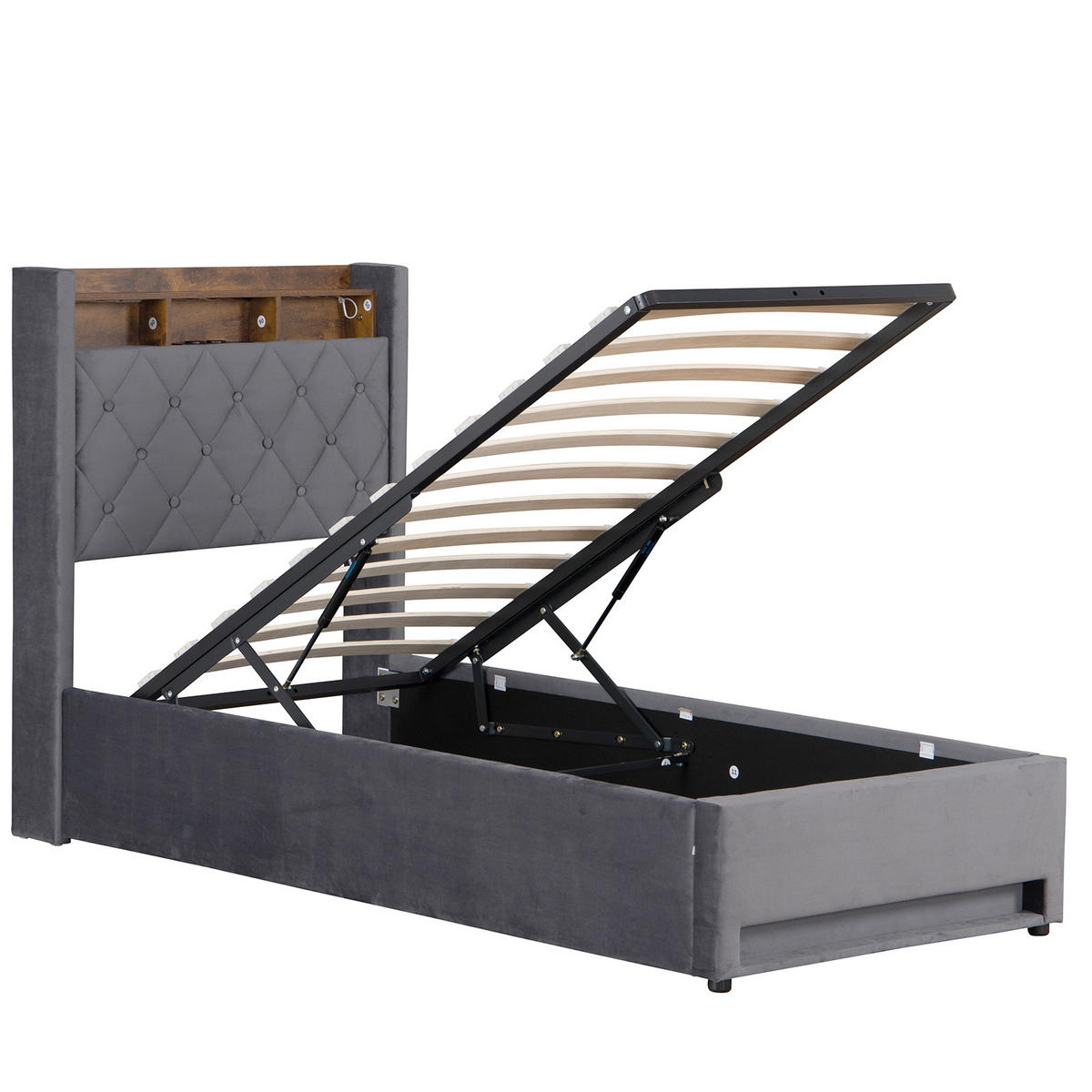 POLSTERBETT 90/200 cm in Dunkelgrau Samt mit Bettkasten, LED-Beleuchtung und USB-Anschluss - Dunkelgrau, Holzwerkstoff/Textil (90/200cm) - CHICFURN