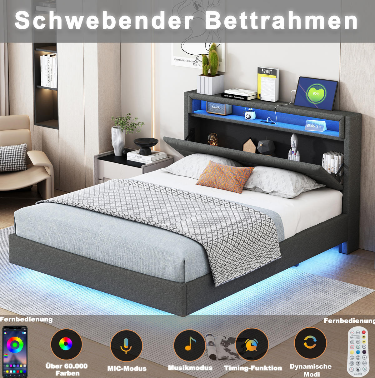 POLSTERBETT 140/200 cm aus Leinen mit USB-Steckdose und LED, Grau - Grau, Textil (140/200cm) - OKMYHOME