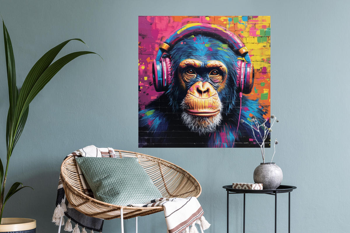 WANDTATTOO Graffiti - Schimpanse - Straßenkunst - Kopfhörer - Affe 50x50 cm - Blau, Kunststoff (50/50/0.1cm) - MuchoWow